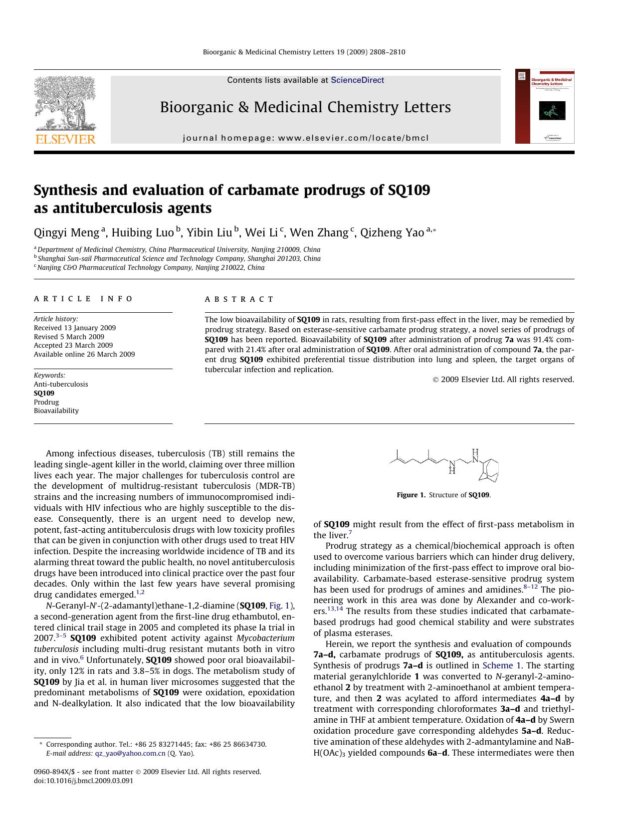 Synthesis and evaluation of carbamate prodrugs of SQ109 as antituberculosis agents by Qingyi Meng; Huibing Luo; Yibin Liu; Wei Li; Wen Zhang; Qizheng Yao