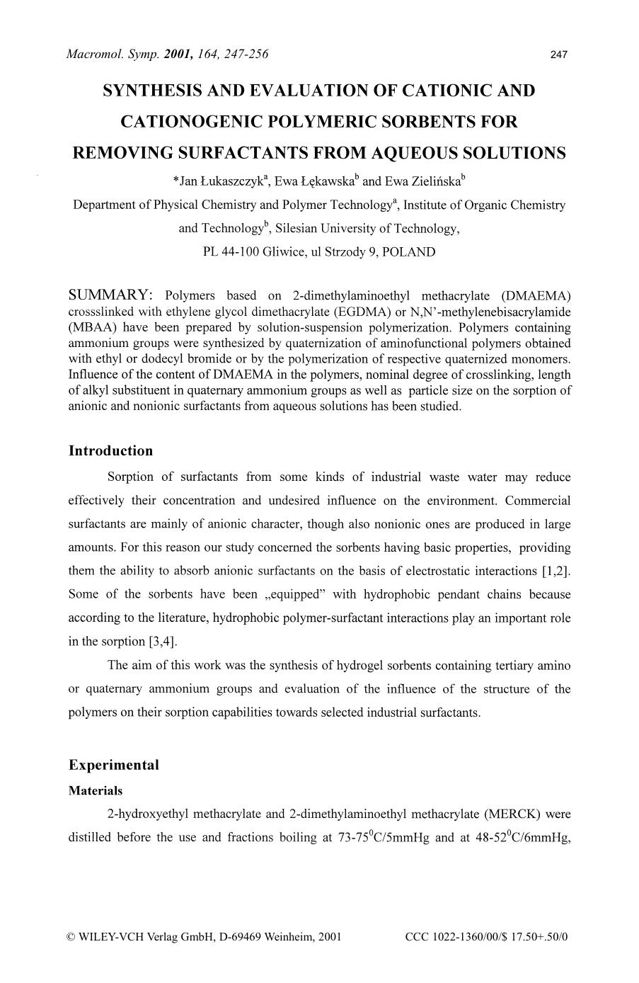 Synthesis and evaluation of cationic and cationogenic polymeric sorbents for removing surfactants from aqueous solutions by CD-Brennstation