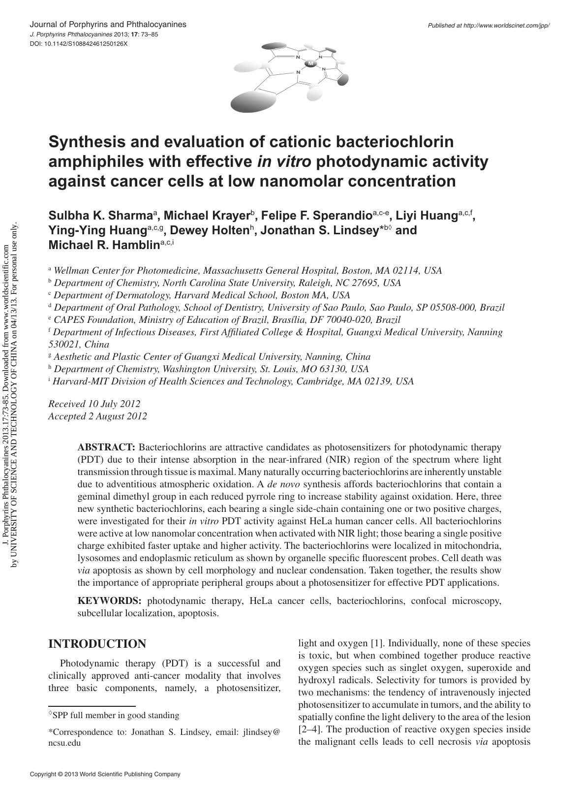 Synthesis and evaluation of cationic bacteriochlorin amphiphiles with effective in vitro photodynamic activity against cancer cells at low nanomolar concentration by unknow