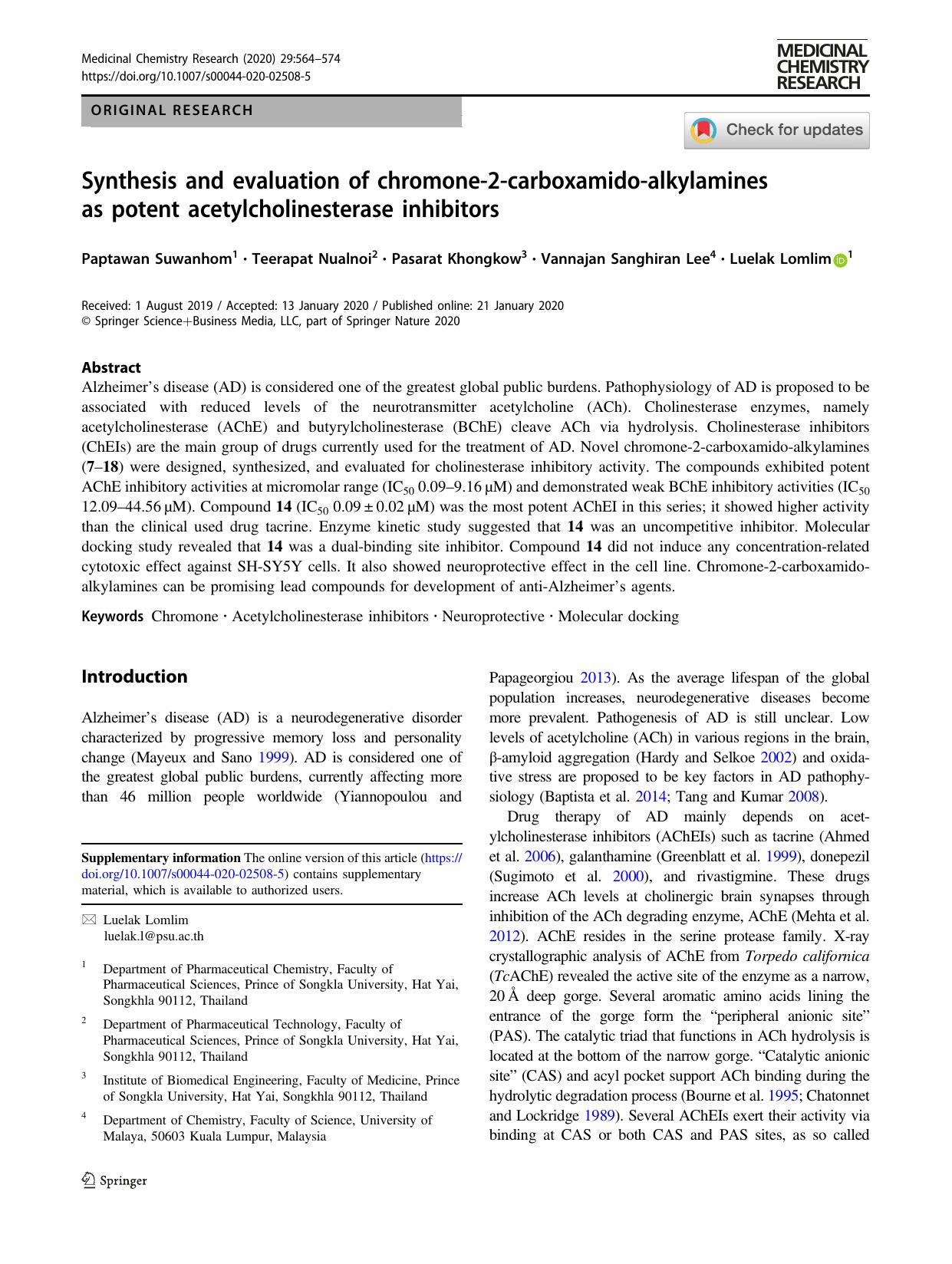 Synthesis and evaluation of chromone-2-carboxamido-alkylamines as potent acetylcholinesterase inhibitors by Paptawan Suwanhom & Teerapat Nualnoi & Pasarat Khongkow & Vannajan Sanghiran Lee & Luelak Lomlim