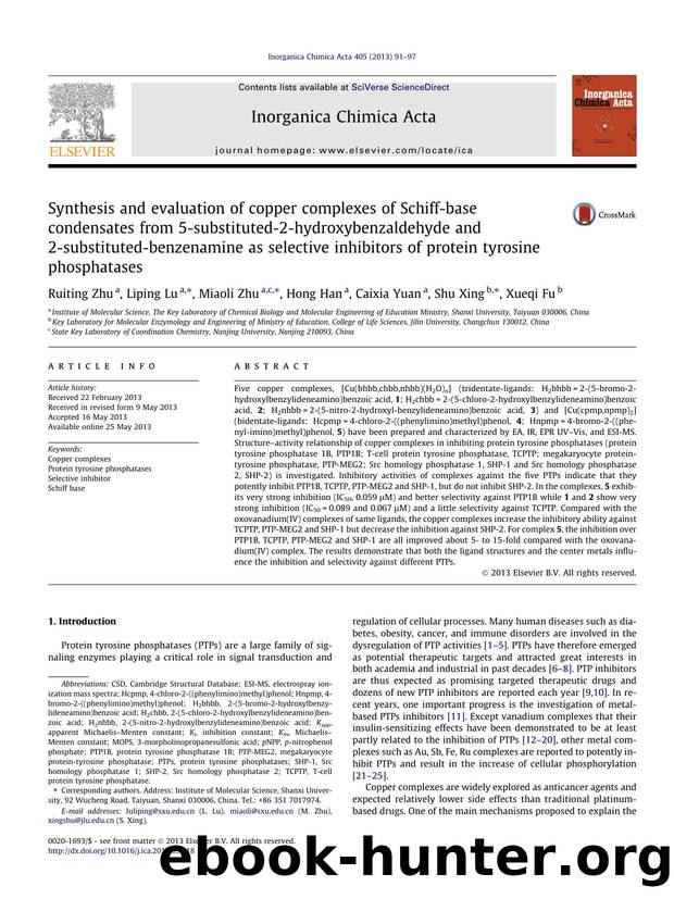 Synthesis and evaluation of copper complexes of Schiff-base condensates from 5-substituted-2-hydroxybenzaldehyde and 2-substituted-benzenamine as selective inhibitors of protein tyrosine phosphatases by Ruiting Zhu & Liping Lu & Miaoli Zhu & Hong Han & Caixia Yuan & Shu Xing & Xueqi Fu