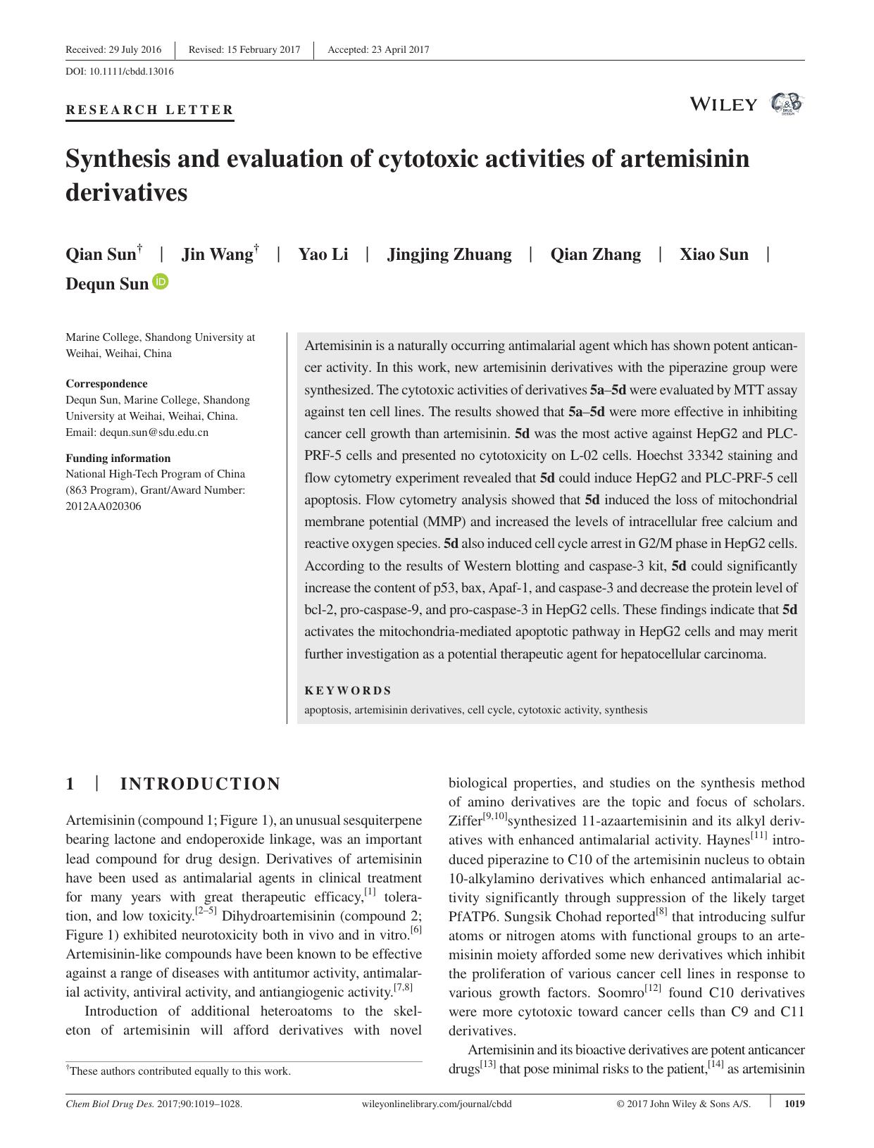 Synthesis and evaluation of cytotoxic activities of artemisinin derivatives by unknow