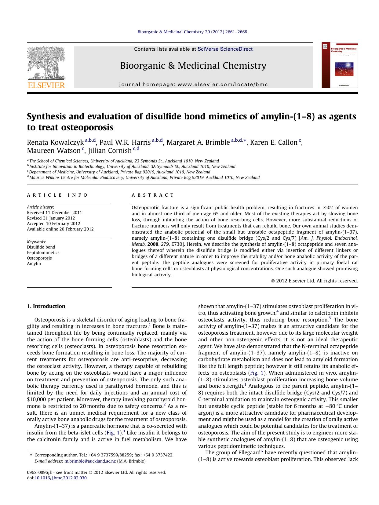 Synthesis and evaluation of disulfide bond mimetics of amylin-(1Ã¢â¬â8) as agents to treat osteoporosis by unknow