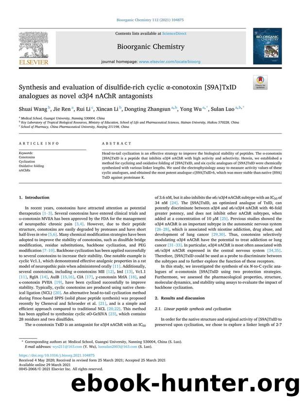 Synthesis and evaluation of disulfide-rich cyclic Î±-conotoxin [S9A]TxID analogues as novel Î±3Î²4 nAChR antagonists by Shuai Wang & Jie Ren & Rui Li & Xincan Li & Dongting Zhangsun & Yong Wu & Sulan Luo