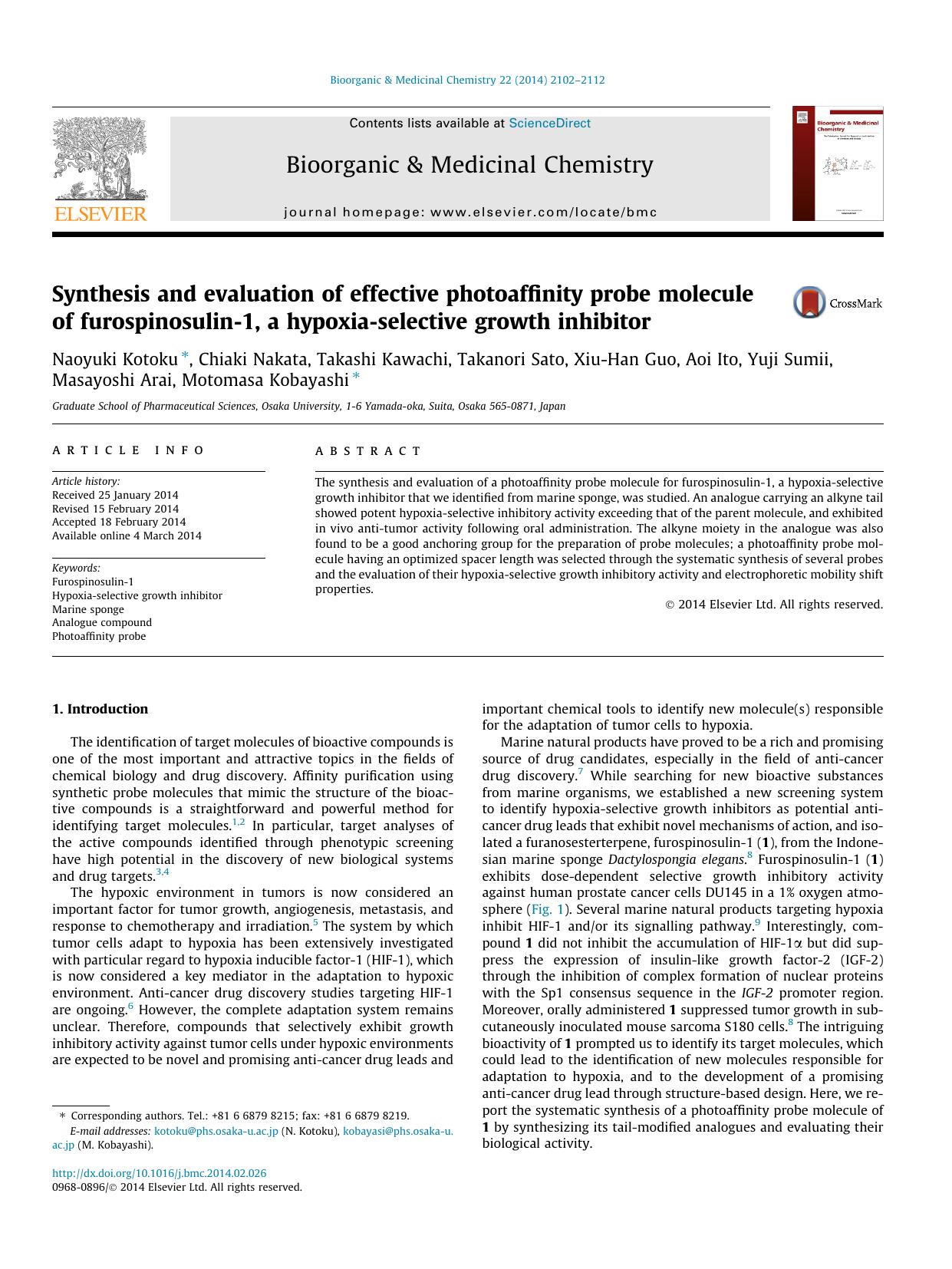 Synthesis and evaluation of effective photoaffinity probe molecule of furospinosulin-1, a hypoxia-selective growth inhibitor by unknow