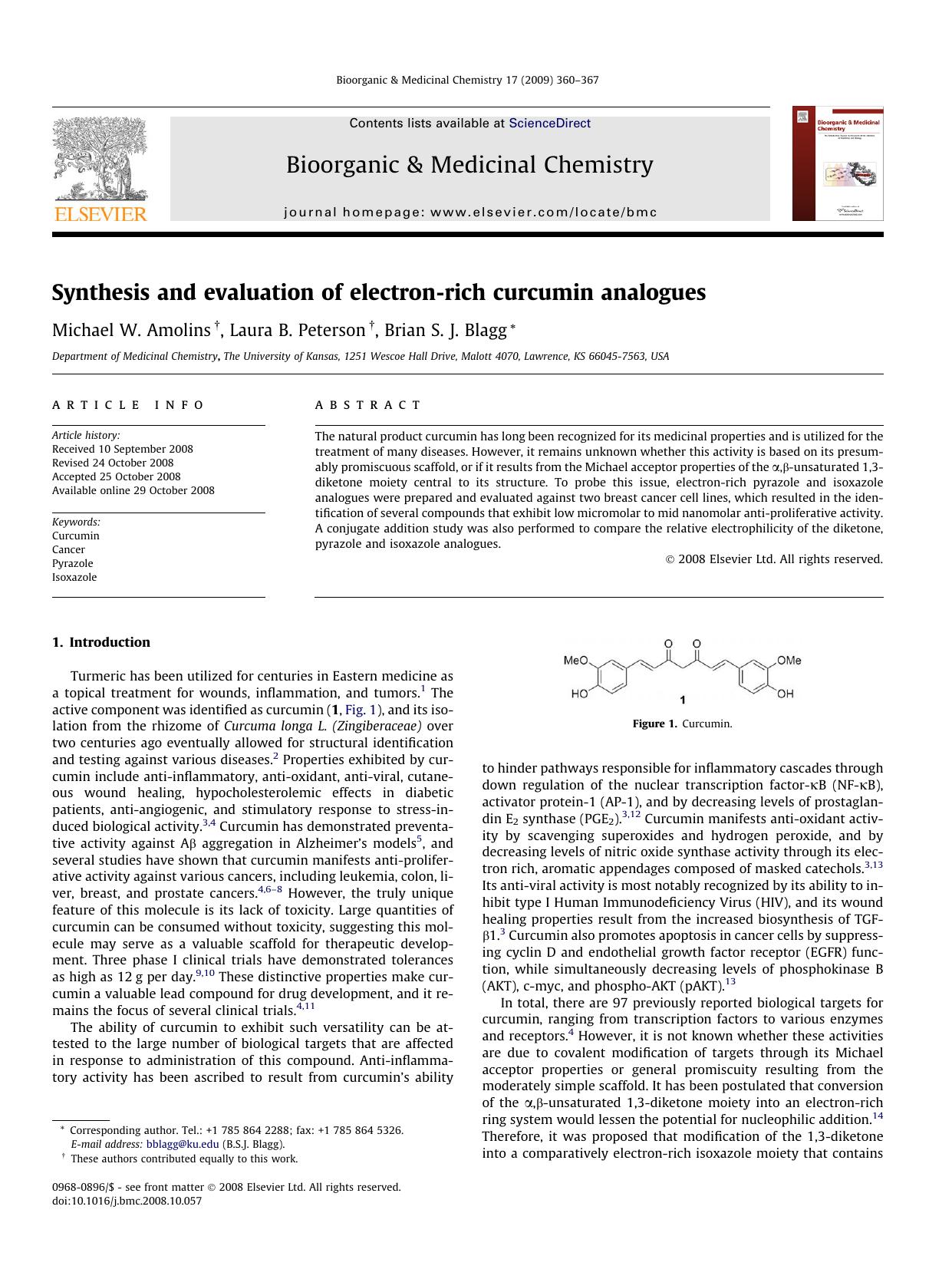 Synthesis and evaluation of electron-rich curcumin analogues by Michael W. Amolins; Laura B. Peterson; Brian S.J. Blagg
