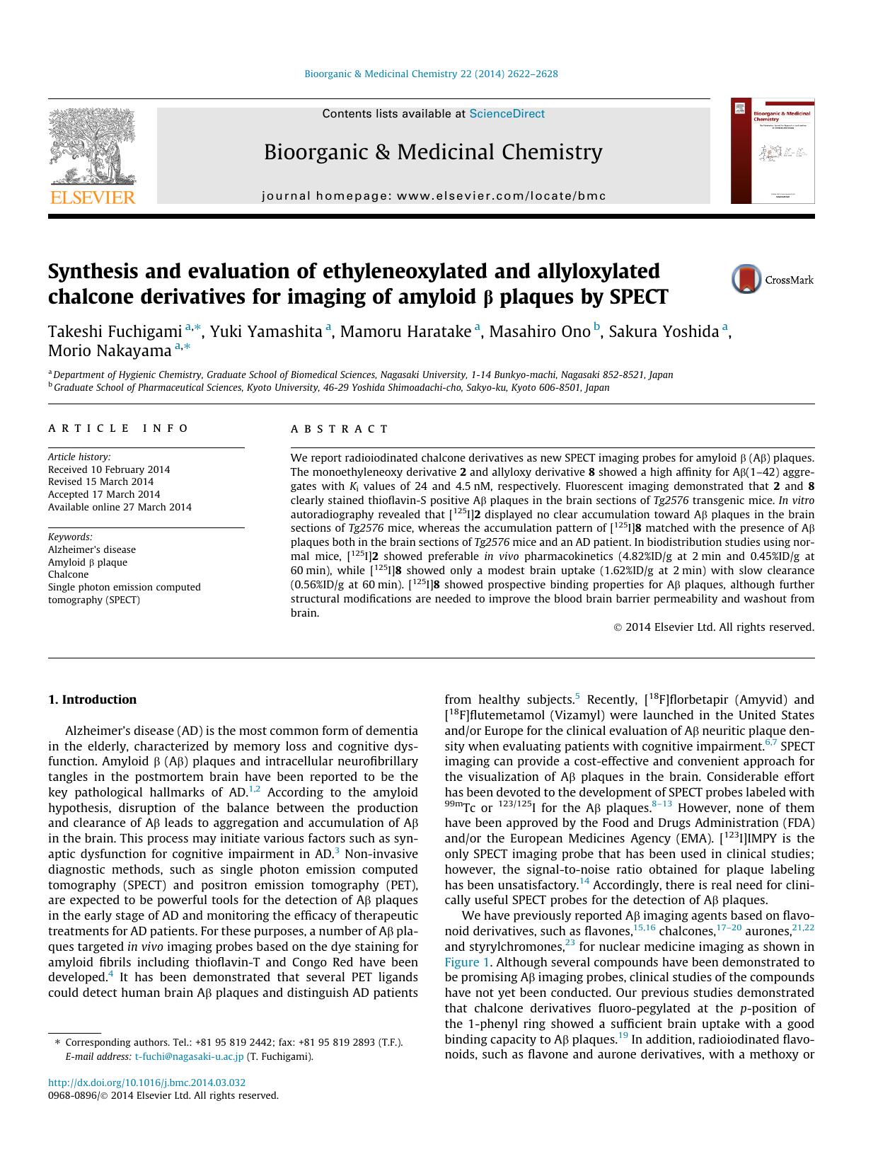 Synthesis and evaluation of ethyleneoxylated and allyloxylated chalcone derivatives for imaging of amyloid ÃÂ² plaques by SPECT by unknow