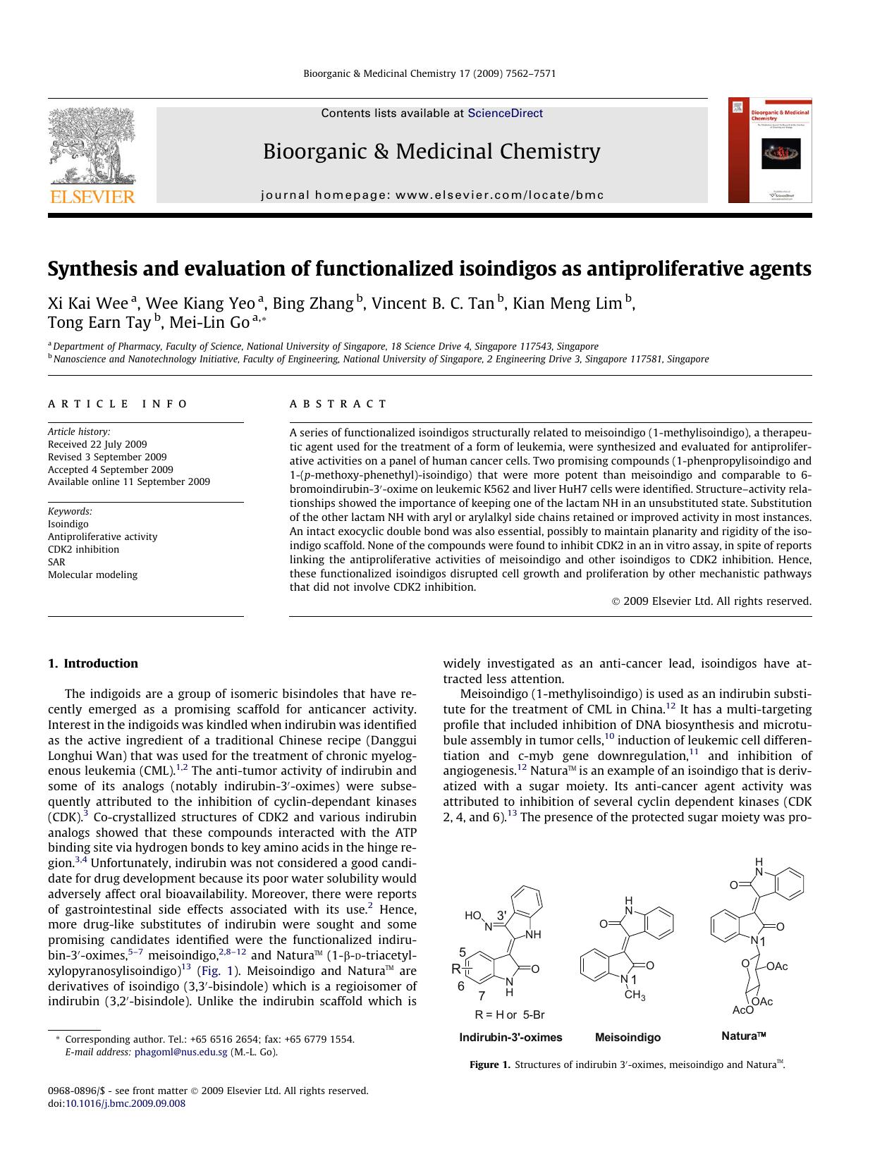 Synthesis and evaluation of functionalized isoindigos as antiproliferative agents by Xi Kai Wee; Wee Kiang Yeo; Bing Zhang; Vincent B.C. Tan; Kian Meng Lim; Tong Earn Tay; Mei-Lin Go