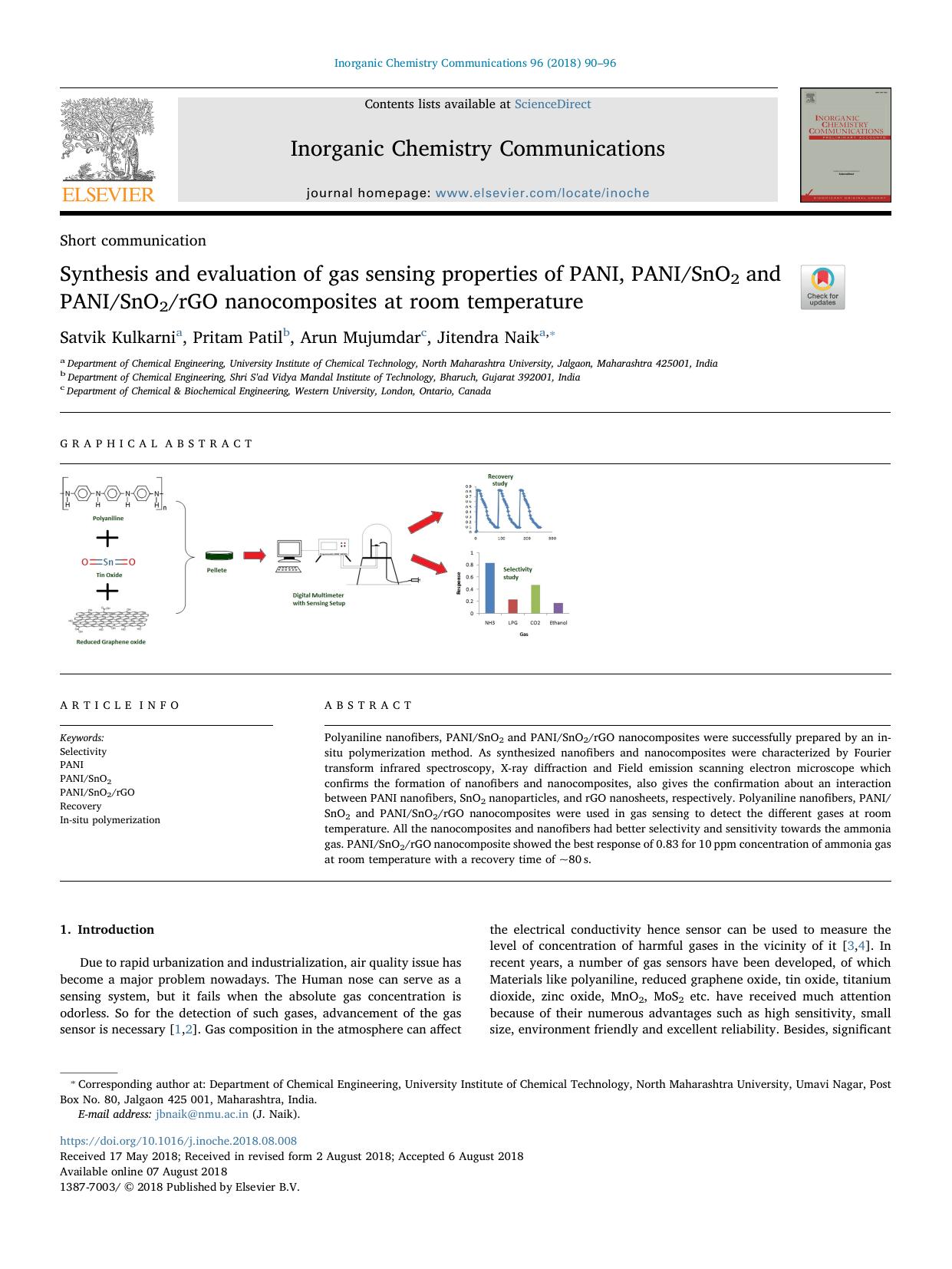 Synthesis and evaluation of gas sensing properties of PANI, PANISnO2 and PANISnO2rGO nanocomposites at room temperature by Satvik Kulkarni & Pritam Patil & Arun Mujumdar & Jitendra Naik