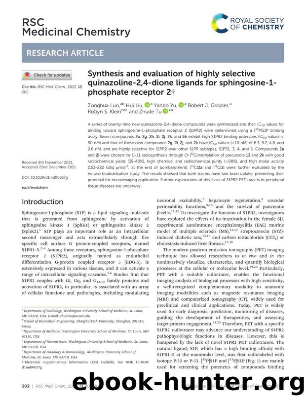 Synthesis and evaluation of highly selective quinazoline-2,4-dione ligands for sphingosine-1-phosphate receptor 2 by Zonghua Luo & Hui Liu & Yanbo Yu & Robert J. Gropler & Robyn S. Klein & Zhude Tu