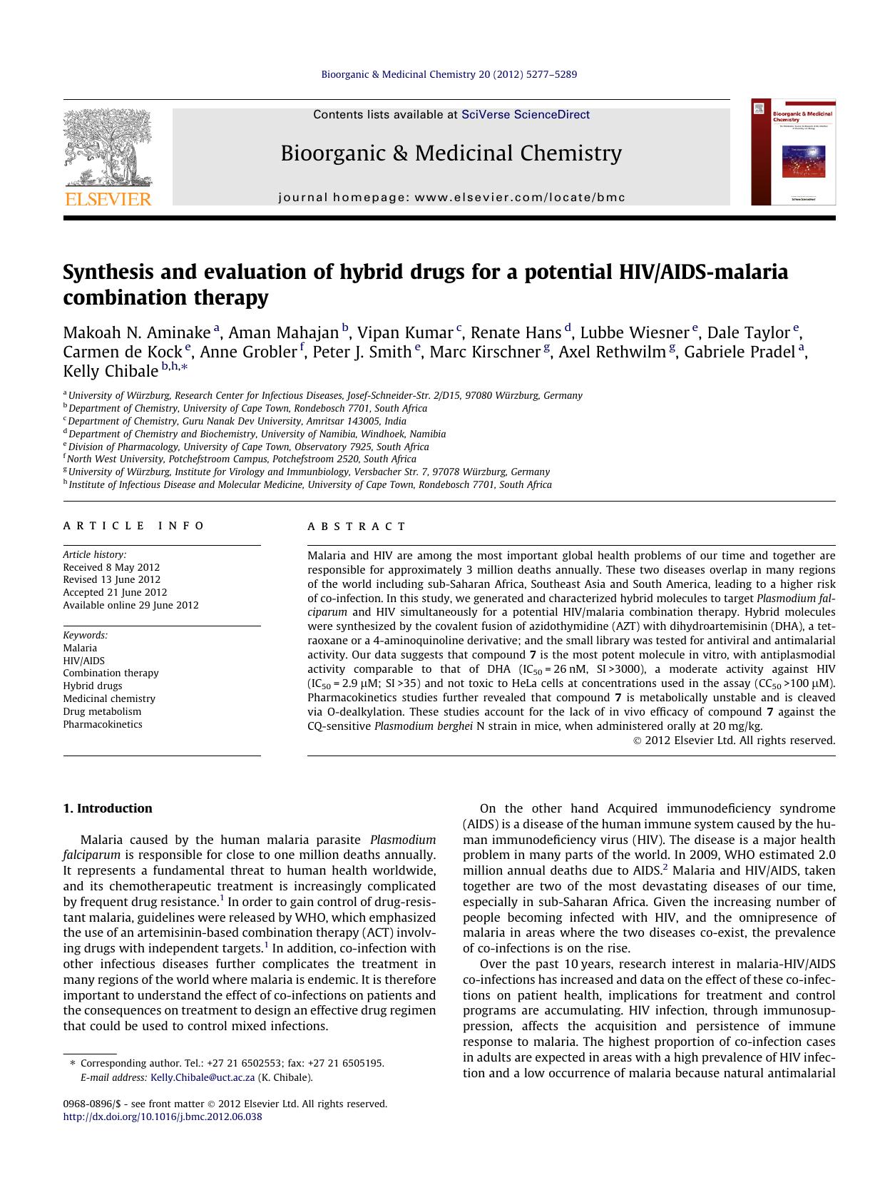 Synthesis and evaluation of hybrid drugs for a potential HIVAIDS-malaria combination therapy by unknow