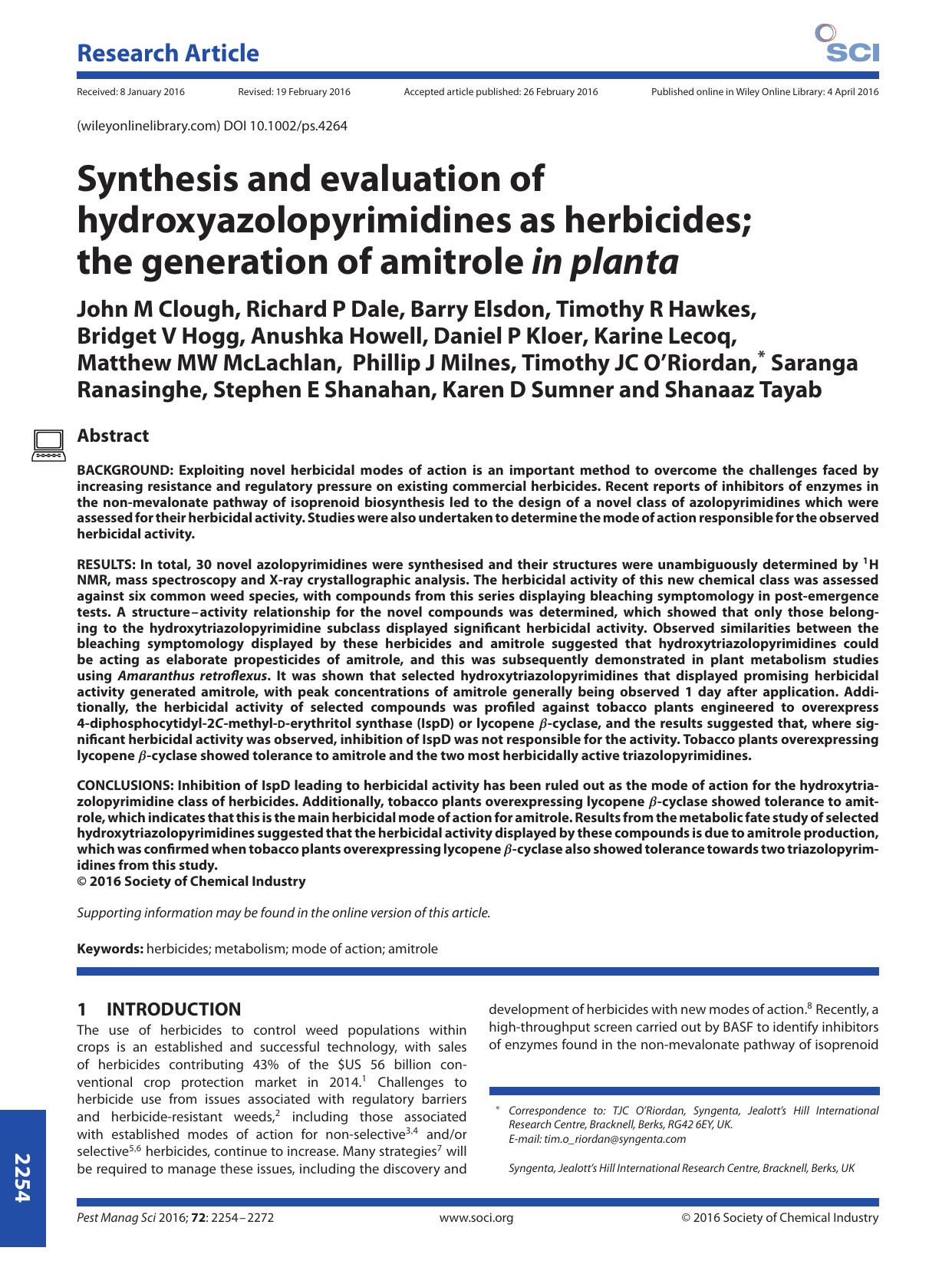 Synthesis and evaluation of hydroxyazolopyrimidines as herbicides; the generation of amitrole in planta by Unknown