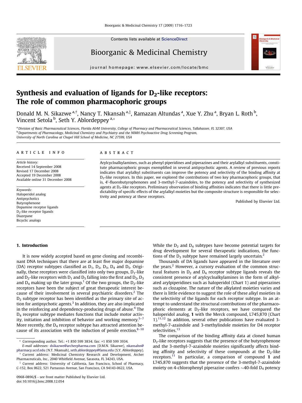 Synthesis and evaluation of ligands for D2-like receptors: The role of common pharmacophoric groups by unknow