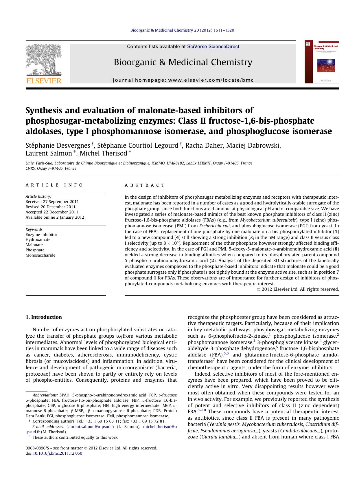 Synthesis and evaluation of malonate-based inhibitors of phosphosugar-metabolizing enzymes: Class II fructose-1,6-bis-phosphate aldolases, type I phosphomannose isomerase, and phosphoglucose isomerase by unknow