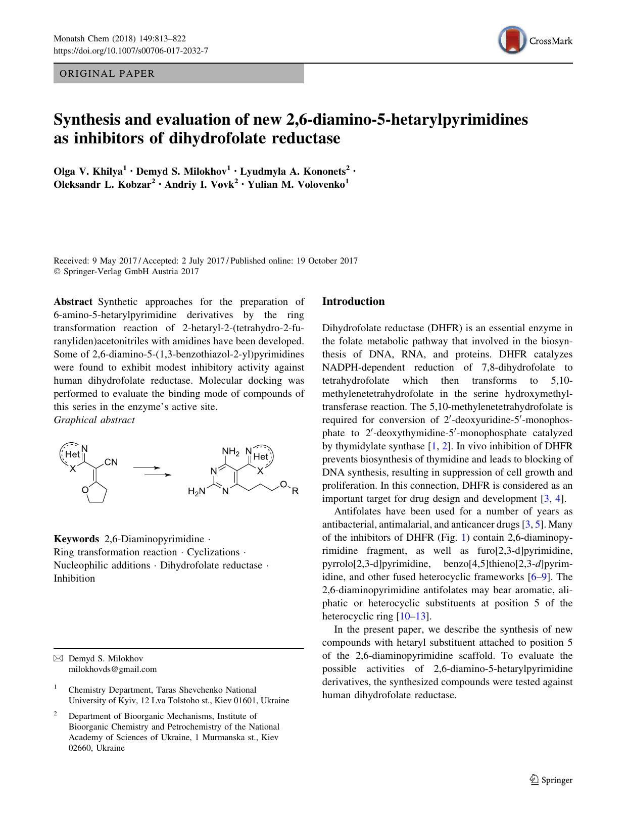 Synthesis and evaluation of new 2,6-diamino-5-hetarylpyrimidines as inhibitors of dihydrofolate reductase by unknow
