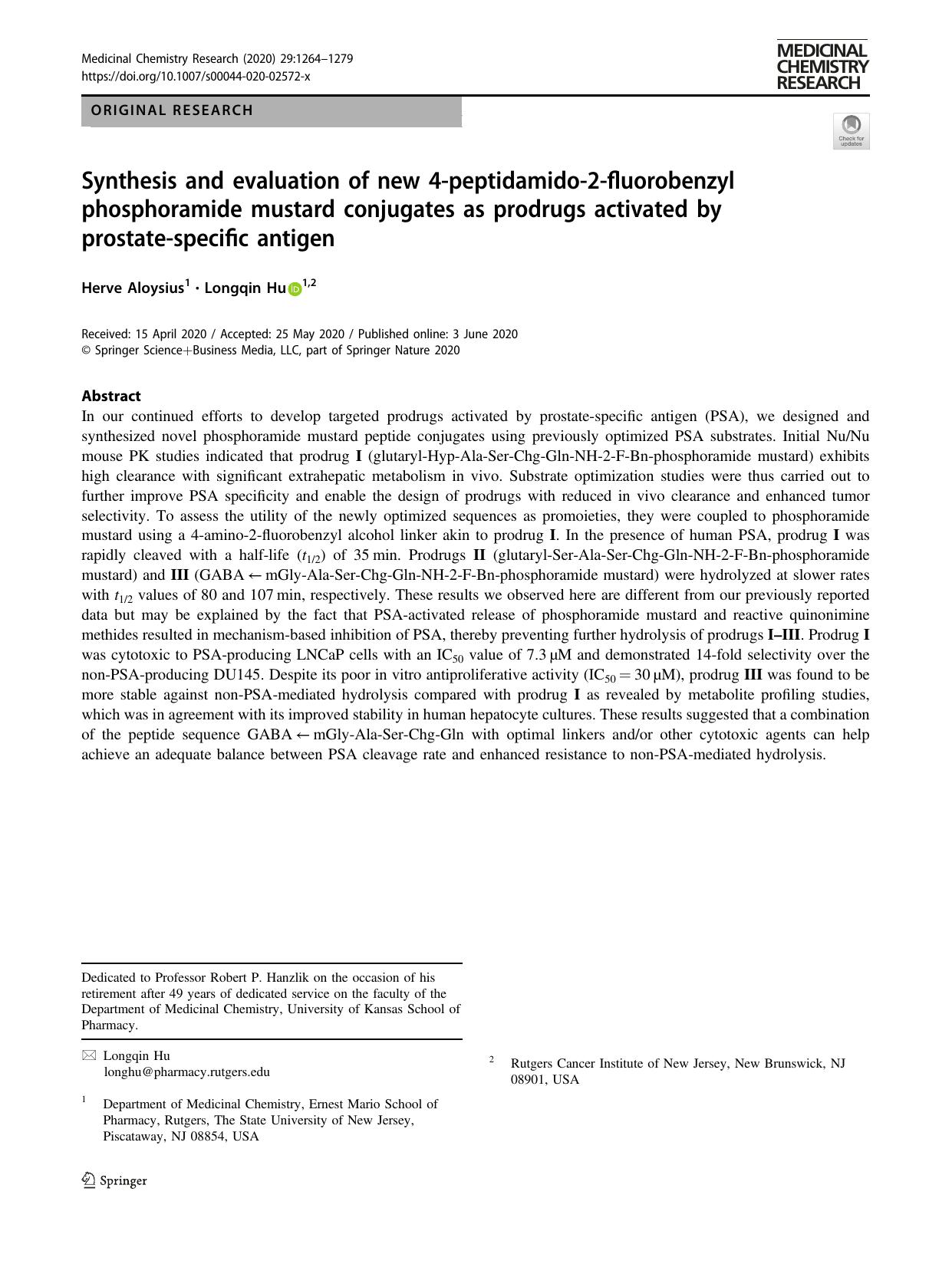 Synthesis and evaluation of new 4-peptidamido-2-fluorobenzyl phosphoramide mustard conjugates as prodrugs activated by prostate-specific antigen by Herve Aloysius & Longqin Hu