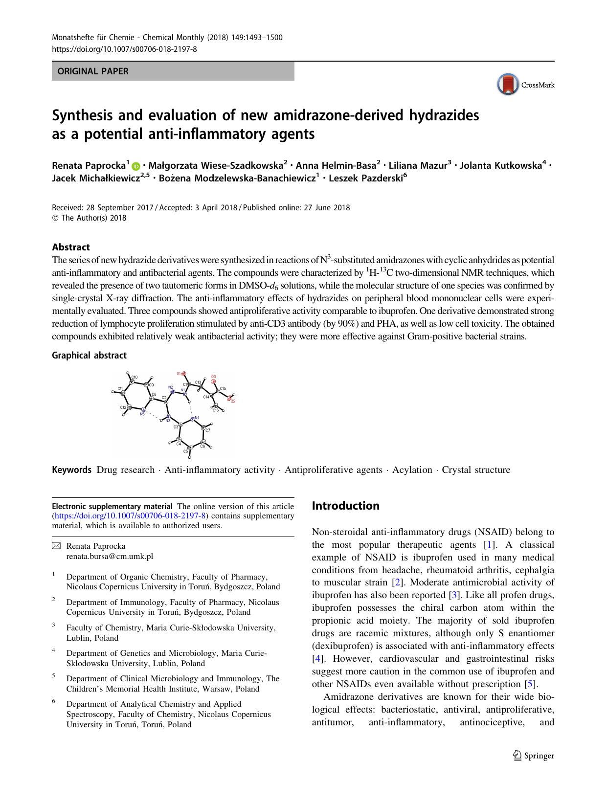 Synthesis and evaluation of new amidrazone-derived hydrazides as a potential anti-inflammatory agents by unknow