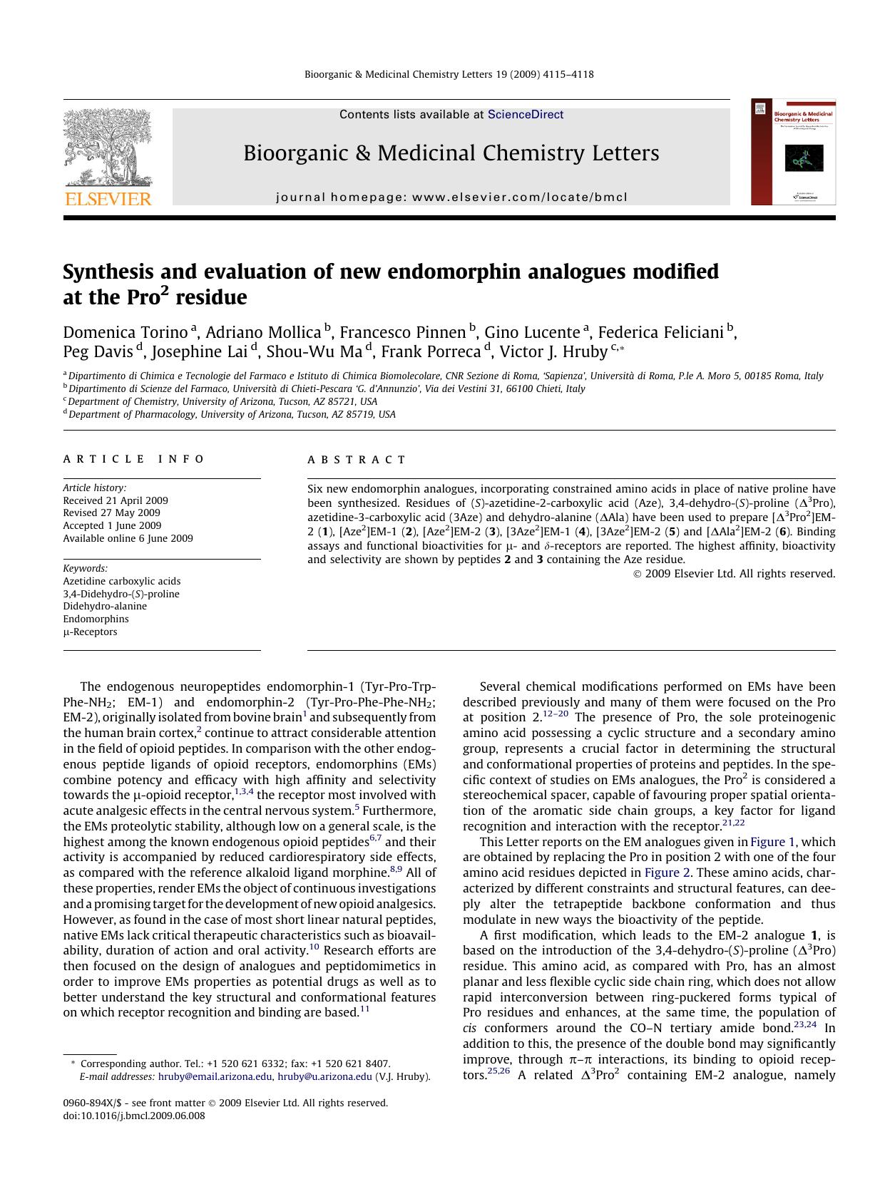 Synthesis and evaluation of new endomorphin analogues modified at the Pro2 residue by unknow