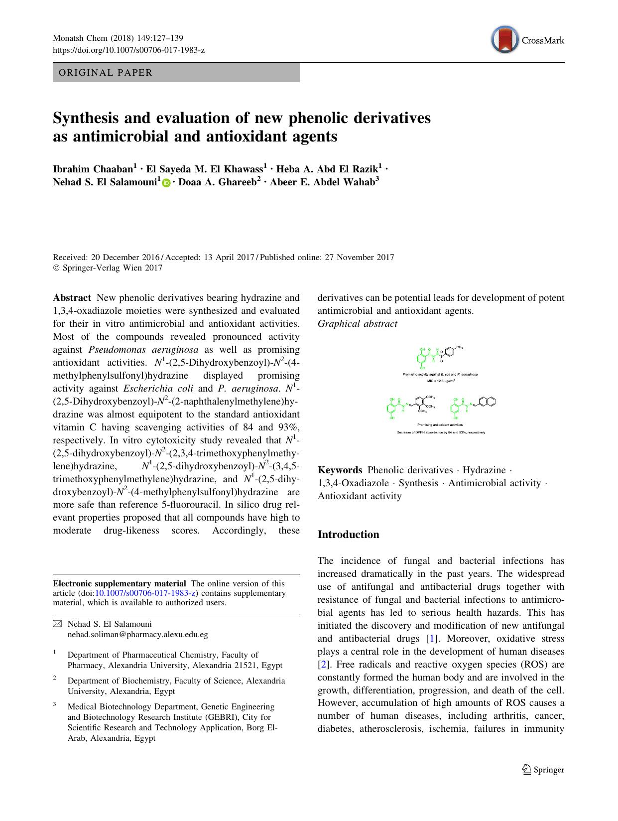 Synthesis and evaluation of new phenolic derivatives as antimicrobial and antioxidant agents by unknow