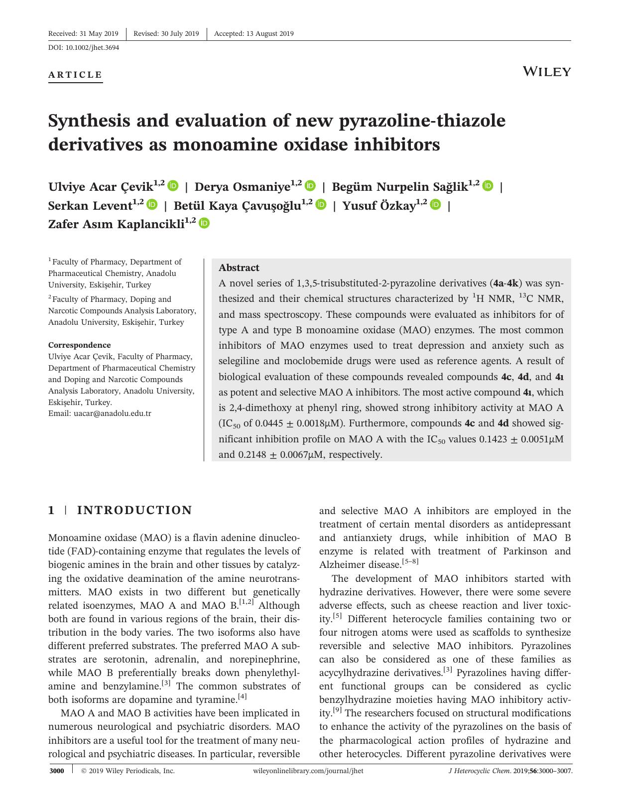 Synthesis and evaluation of new pyrazolineâthiazole derivatives as monoamine oxidase inhibitors by unknow