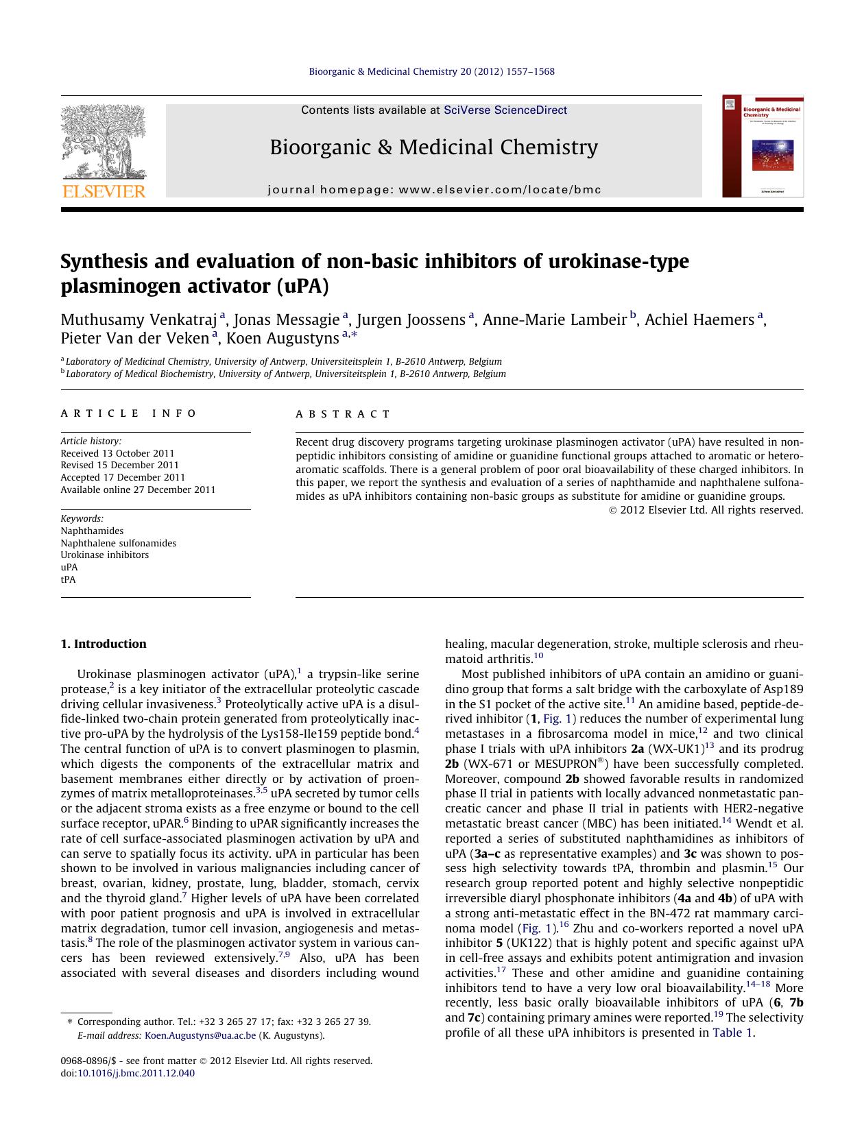 Synthesis and evaluation of non-basic inhibitors of urokinase-type plasminogen activator (uPA) by unknow