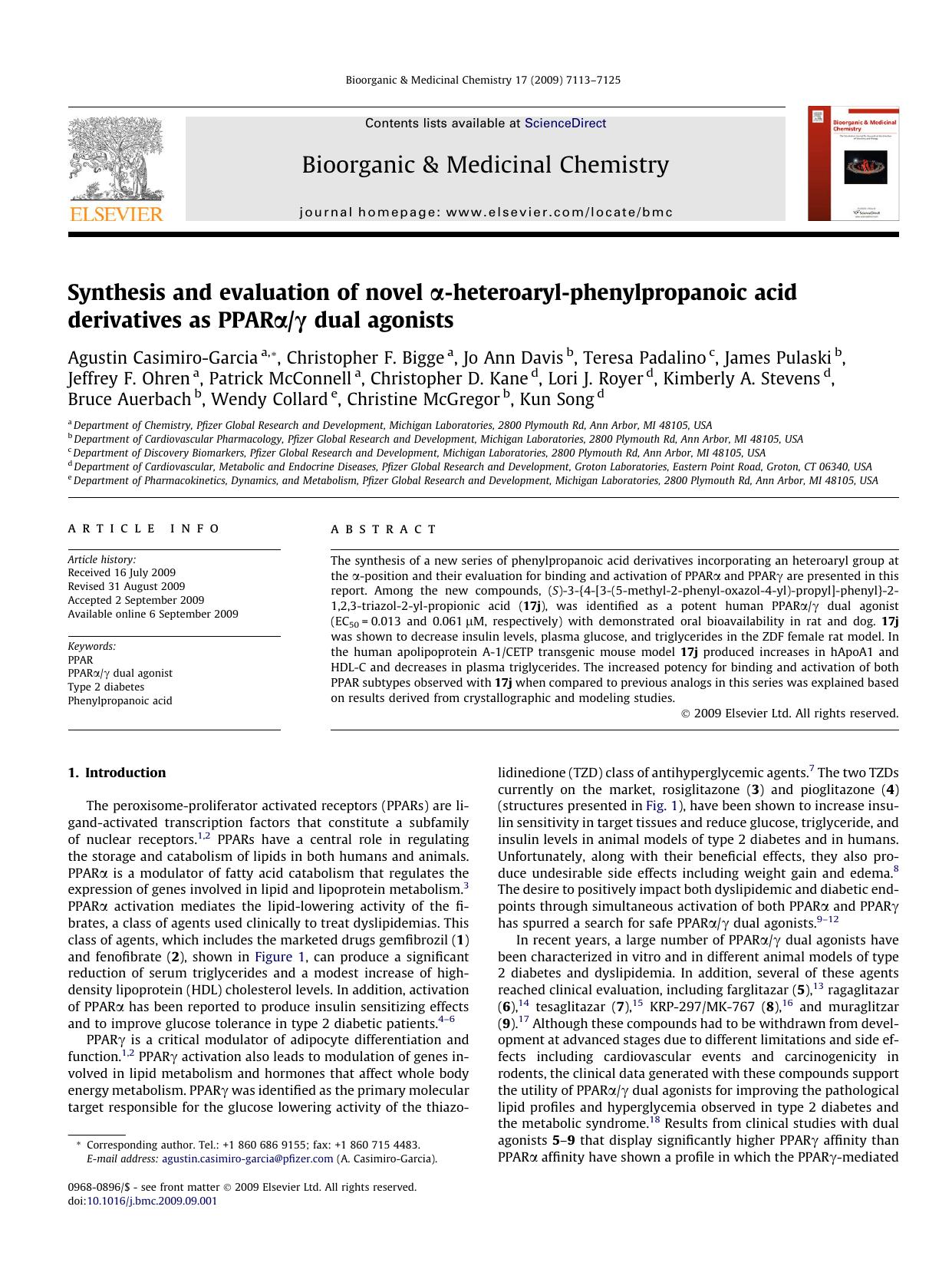 Synthesis and evaluation of novel Î±-heteroaryl-phenylpropanoic acid derivatives as PPARÎ±Î³ dual agonists by unknow