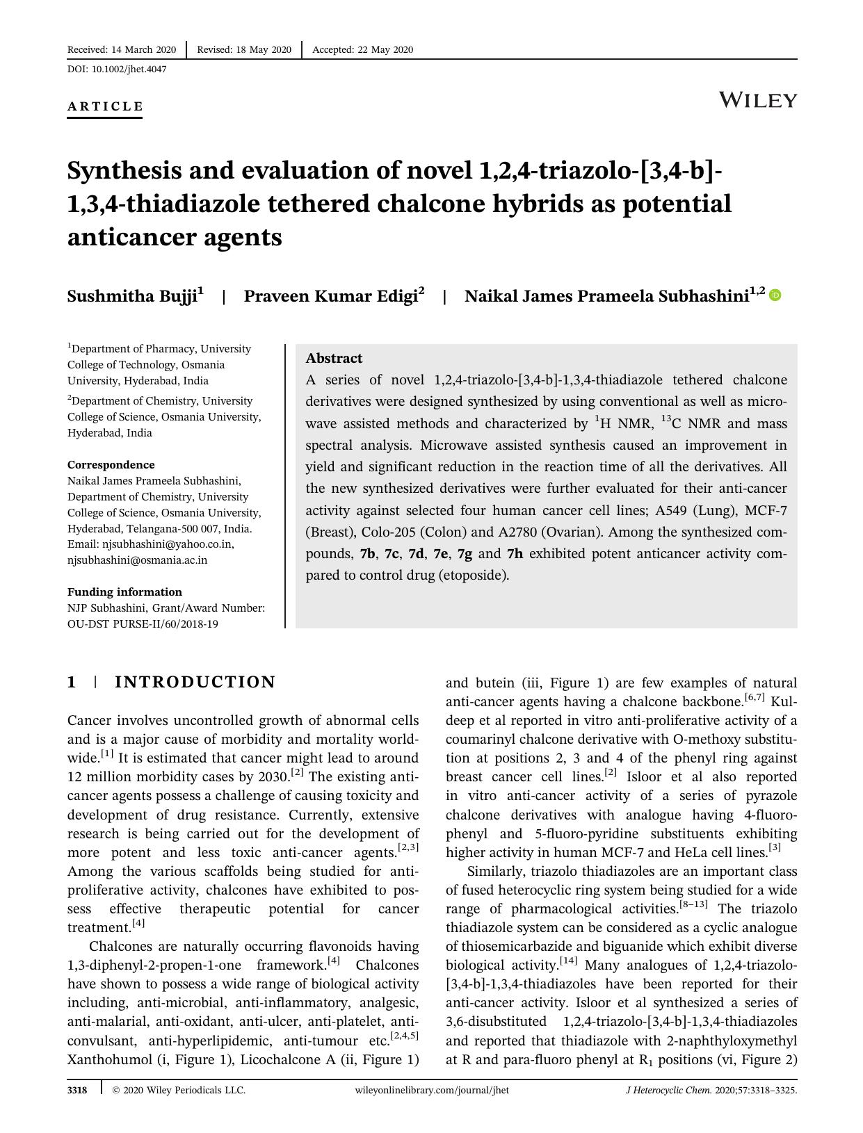 Synthesis and evaluation of novel 1,2,4-triazolo-[3,4-b]-1,3,4-thiadiazole tethered chalcone hybrids as potential anticancer agents by Unknown