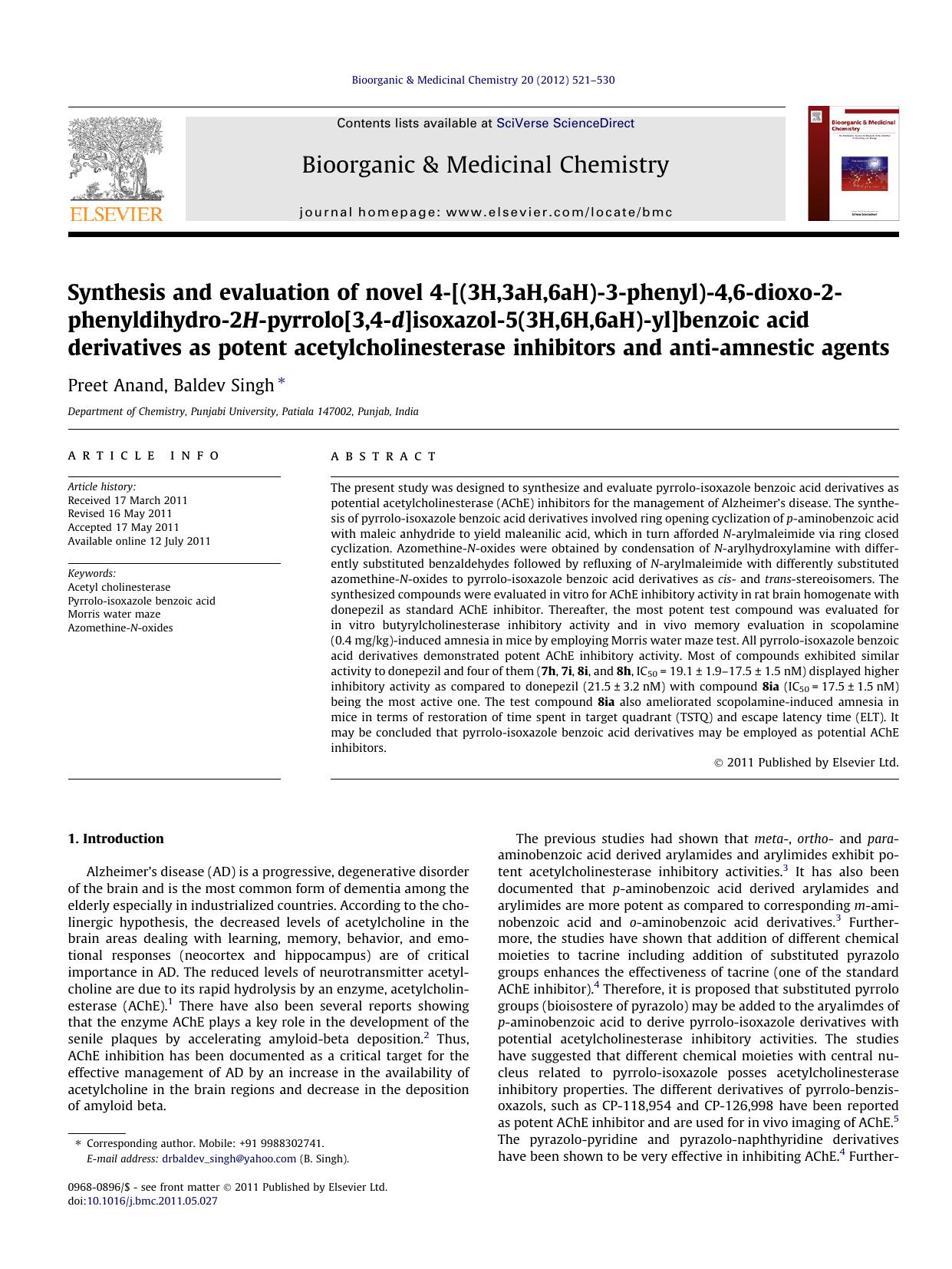 Synthesis and evaluation of novel 4-[(3H,3aH,6aH)-3-phenyl)-4,6-dioxo-2-phenyldihydro-2H-pyrrolo[3,4-d]isoxazol-5(3H,6H,6aH)-yl]benzoic acid derivatives as potent acetylcholinester by Preet Anand & Baldev Singh