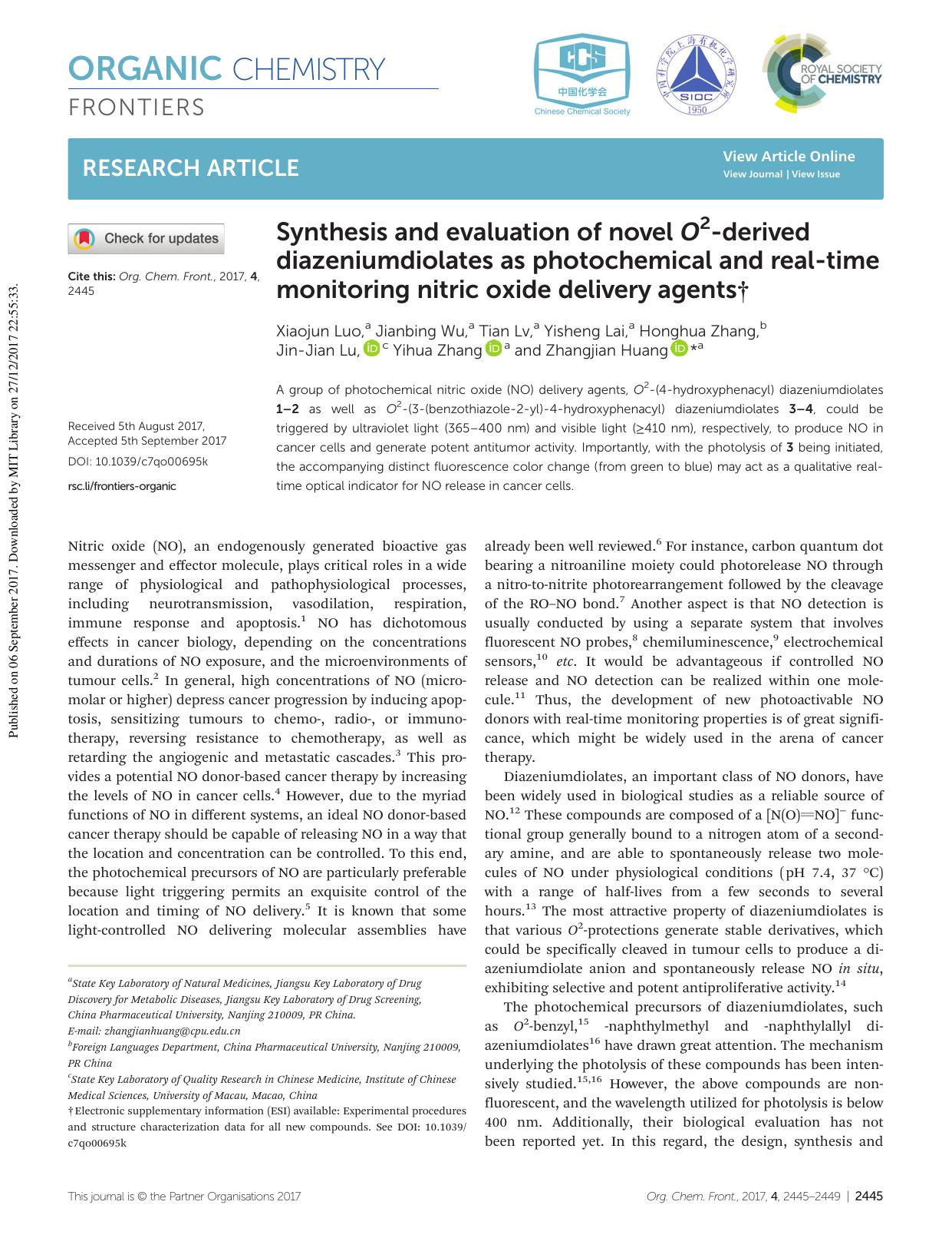 Synthesis and evaluation of novel O2-derived diazeniumdiolates as photochemical and real-time monitoring nitric oxide delivery agents by unknow