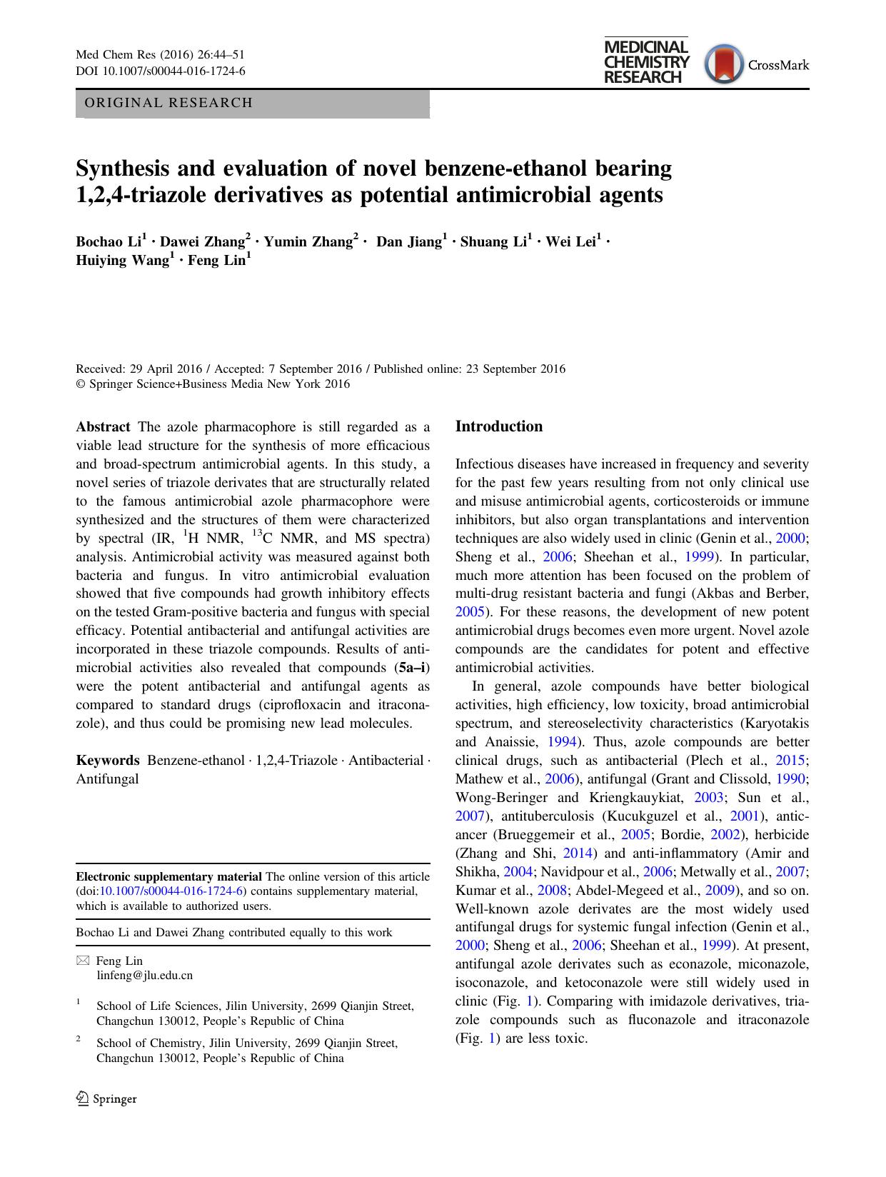 Synthesis and evaluation of novel benzene-ethanol bearing 1,2,4-triazole derivatives as potential antimicrobial agents by Bochao Li & Dawei Zhang & Yumin Zhang & Dan Jiang & Shuang Li & Wei Lei & Huiying Wang & Feng Lin