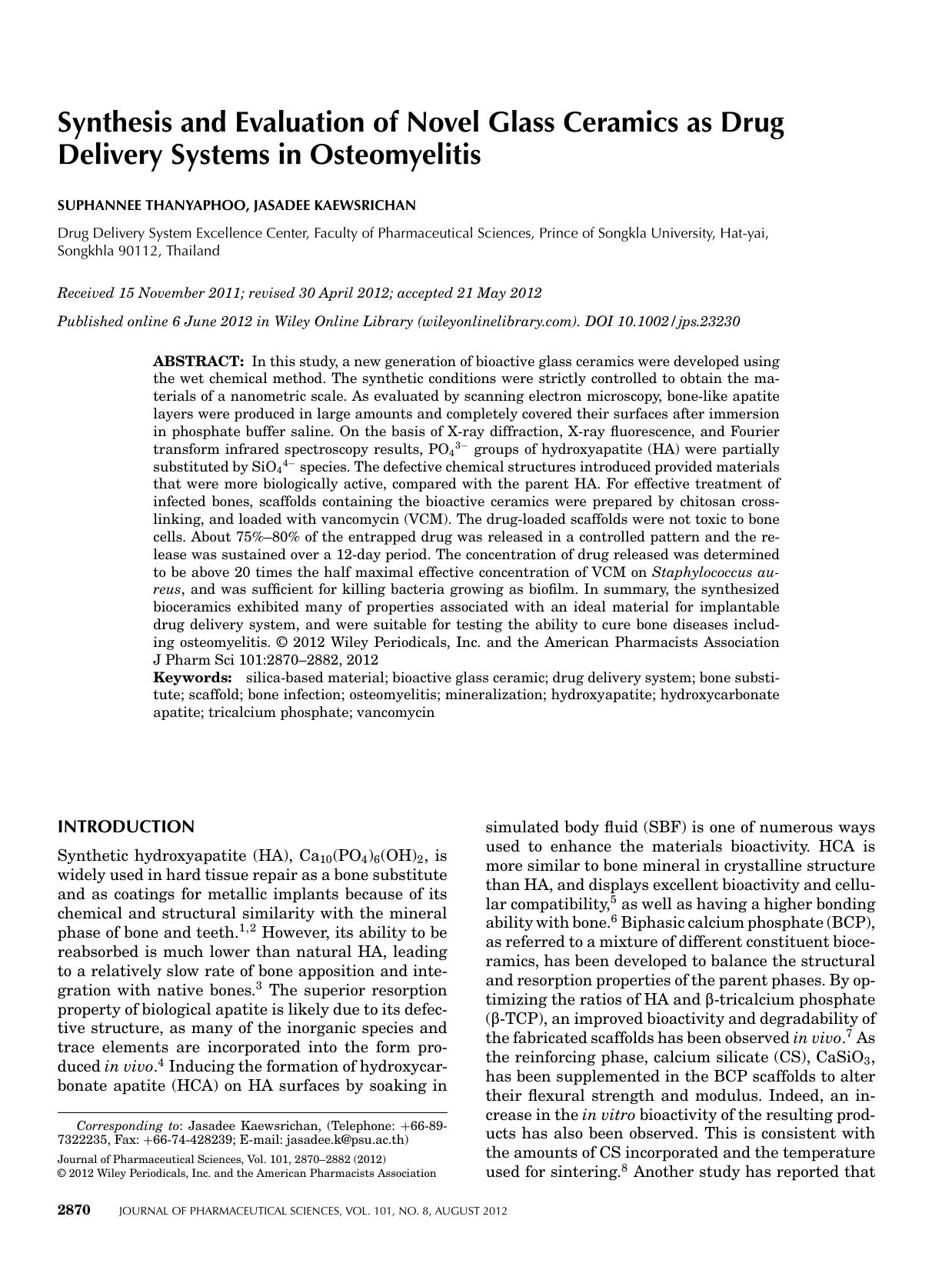 Synthesis and evaluation of novel glass ceramics as drug delivery systems in osteomyelitis by Unknown