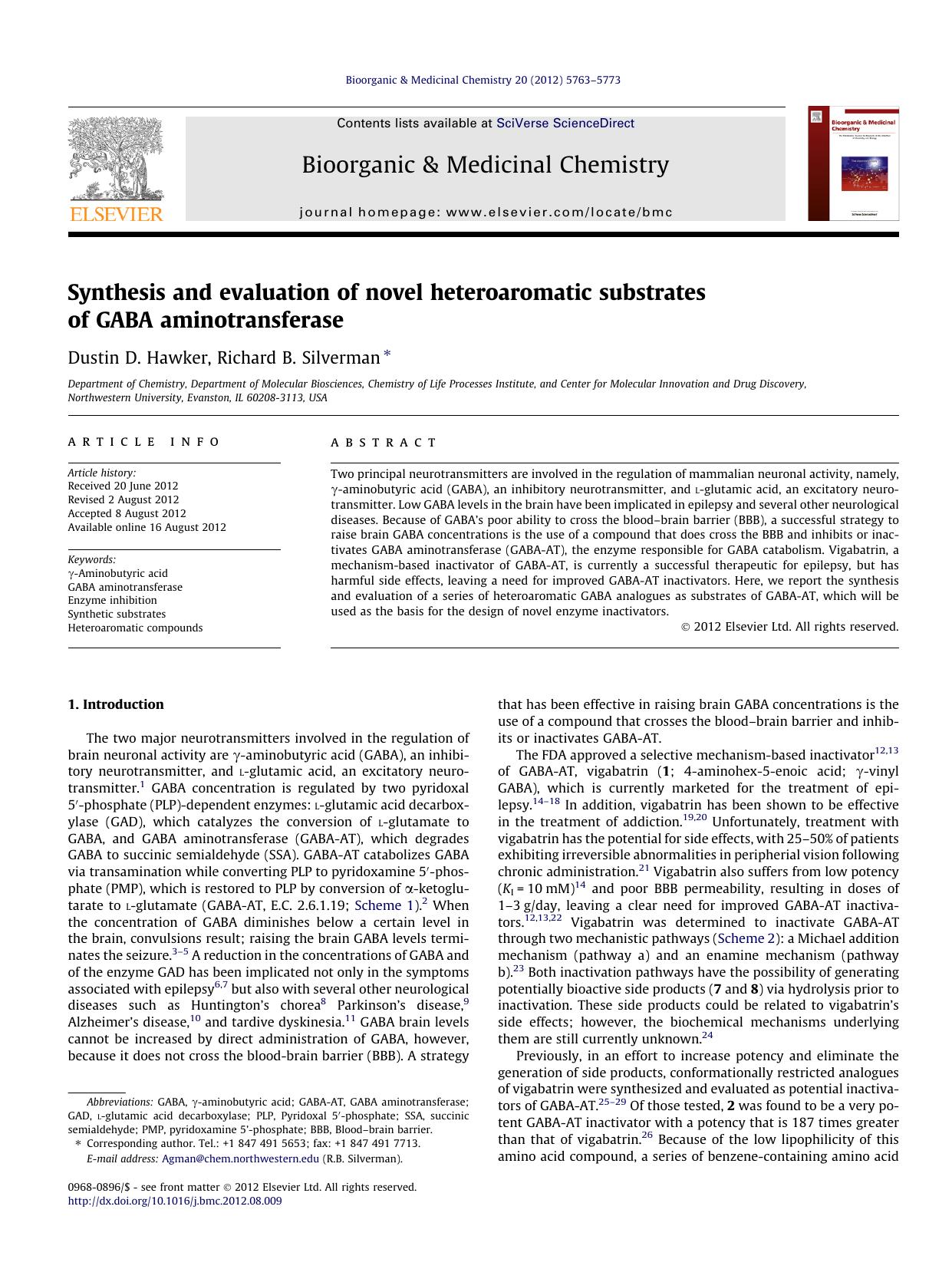 Synthesis and evaluation of novel heteroaromatic substrates of GABA aminotransferase by Dustin D. Hawker & Richard B. Silverman