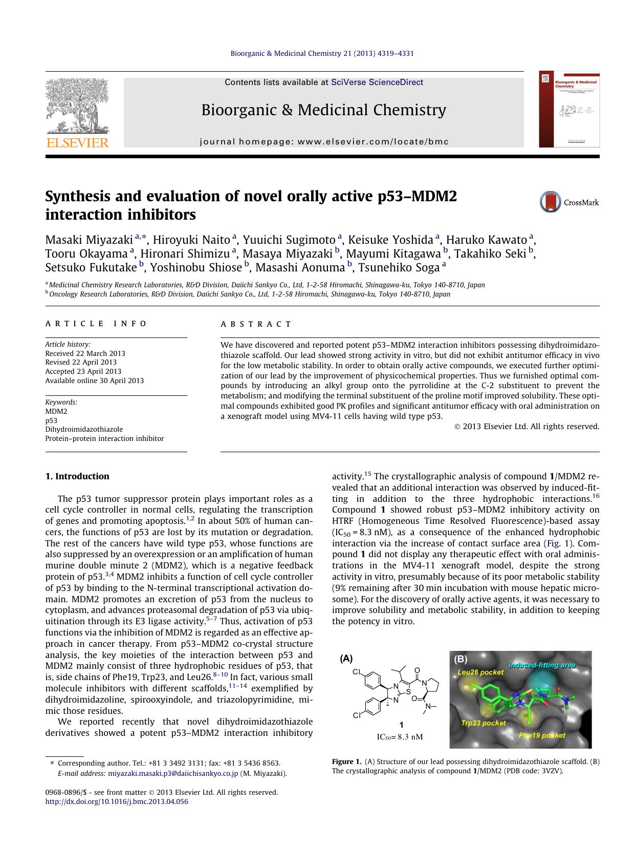 Synthesis and evaluation of novel orally active p53âMDM2 interaction inhibitors by unknow