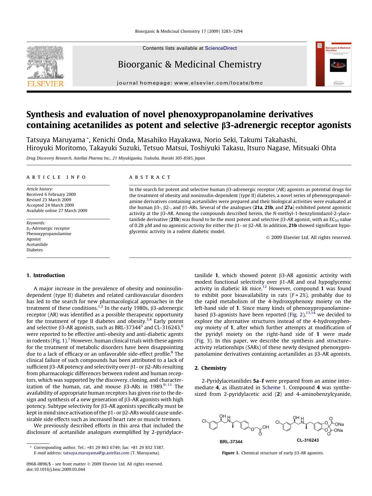 Synthesis and evaluation of novel phenoxypropanolamine derivatives containing acetanilides as potent and selective Î²3-adrenergic receptor agonists by unknow