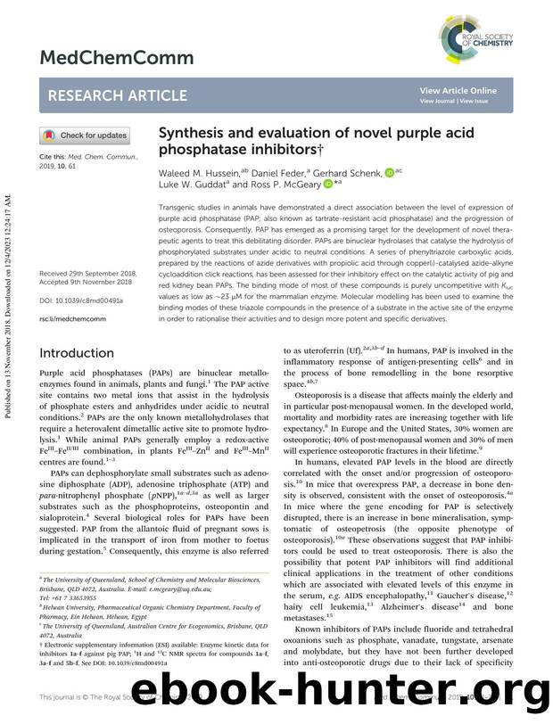 Synthesis and evaluation of novel purple acid phosphatase inhibitors by Waleed M. Hussein & Daniel Feder & Gerhard Schenk & Luke W. Guddat & Ross P. McGeary