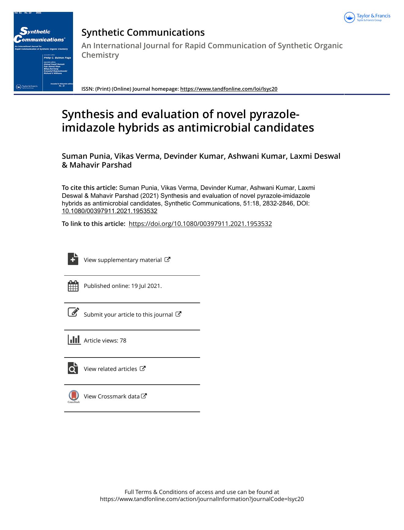 Synthesis and evaluation of novel pyrazole-imidazole hybrids as antimicrobial candidates by Punia Suman & Verma Vikas & Kumar Devinder & Kumar Ashwani & Deswal Laxmi & Parshad Mahavir
