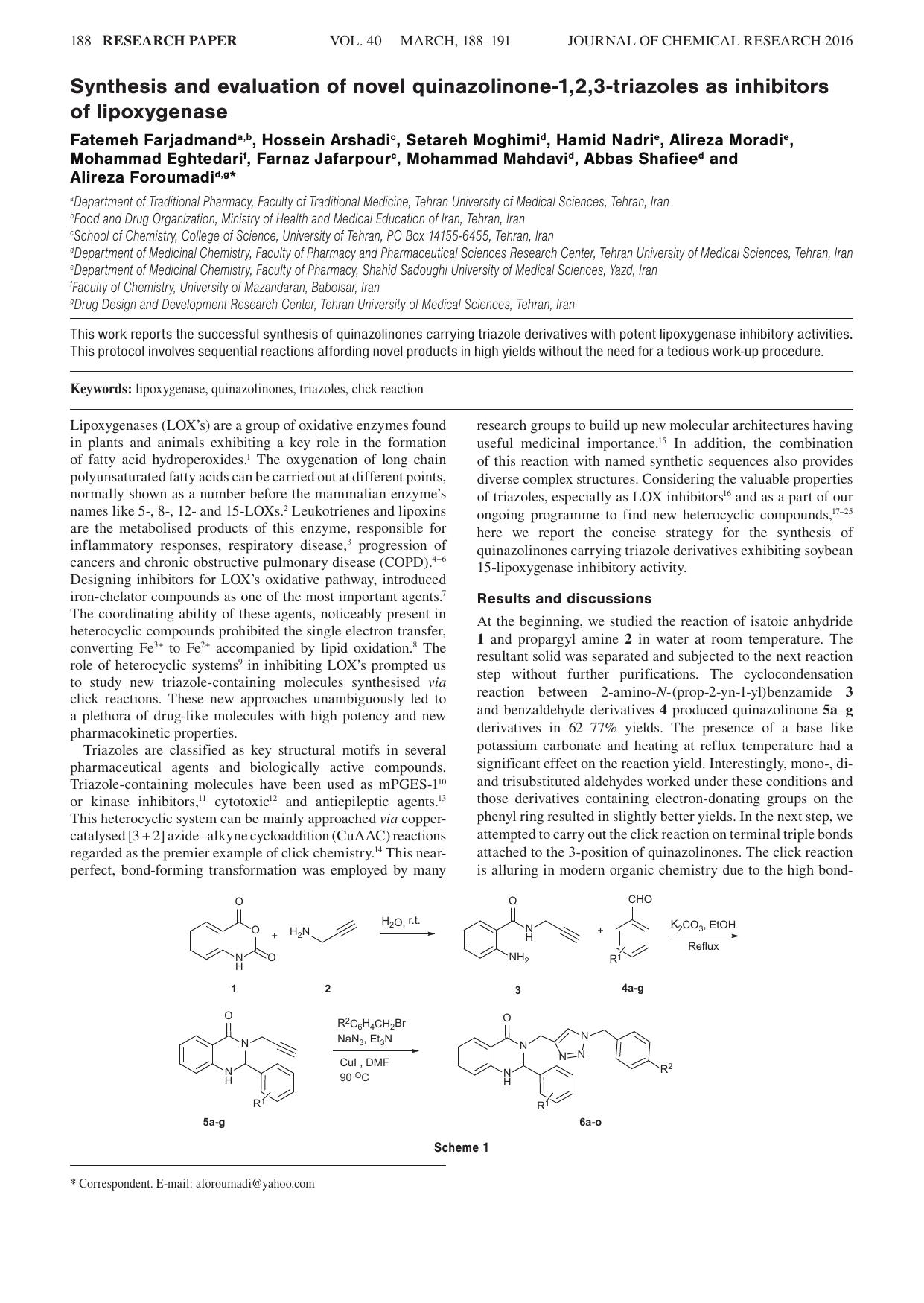 Synthesis and evaluation of novel quinazolinone-1,2,3-triazoles as inhibitors of lipoxygenase by unknow