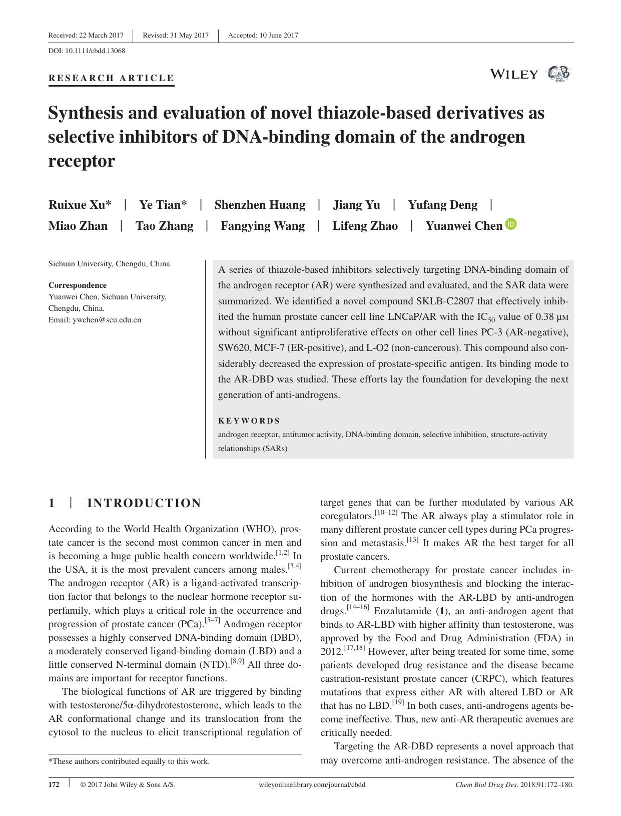 Synthesis and evaluation of novel thiazole‐based derivatives as selective inhibitors of DNA‐binding domain of the androgen receptor by unknow