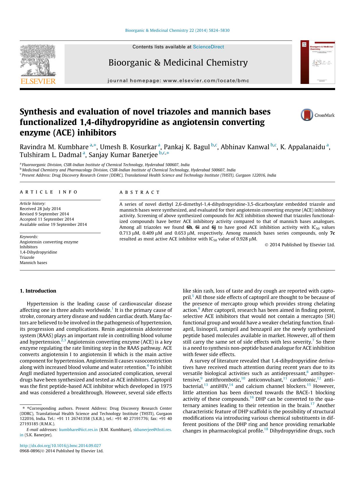 Synthesis and evaluation of novel triazoles and mannich bases functionalized 1,4-dihydropyridine as angiotensin converting enzyme (ACE) inhibitors by unknow