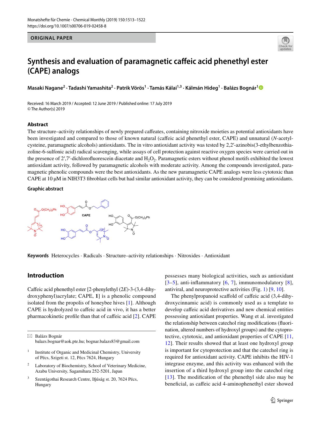 Synthesis and evaluation of paramagnetic caffeic acid phenethyl ester (CAPE) analogs by unknow