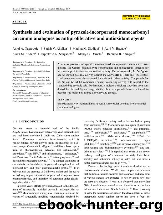 Synthesis and evaluation of pyrazole incorporated monocarbonyl curcumin analogues as antiproliferative and antioxidant agents. by Unknown