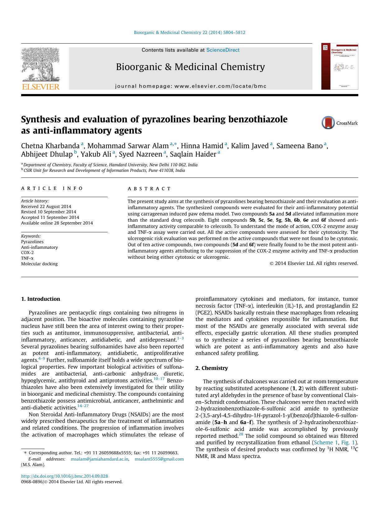 Synthesis and evaluation of pyrazolines bearing benzothiazole as anti-inflammatory agents by unknow