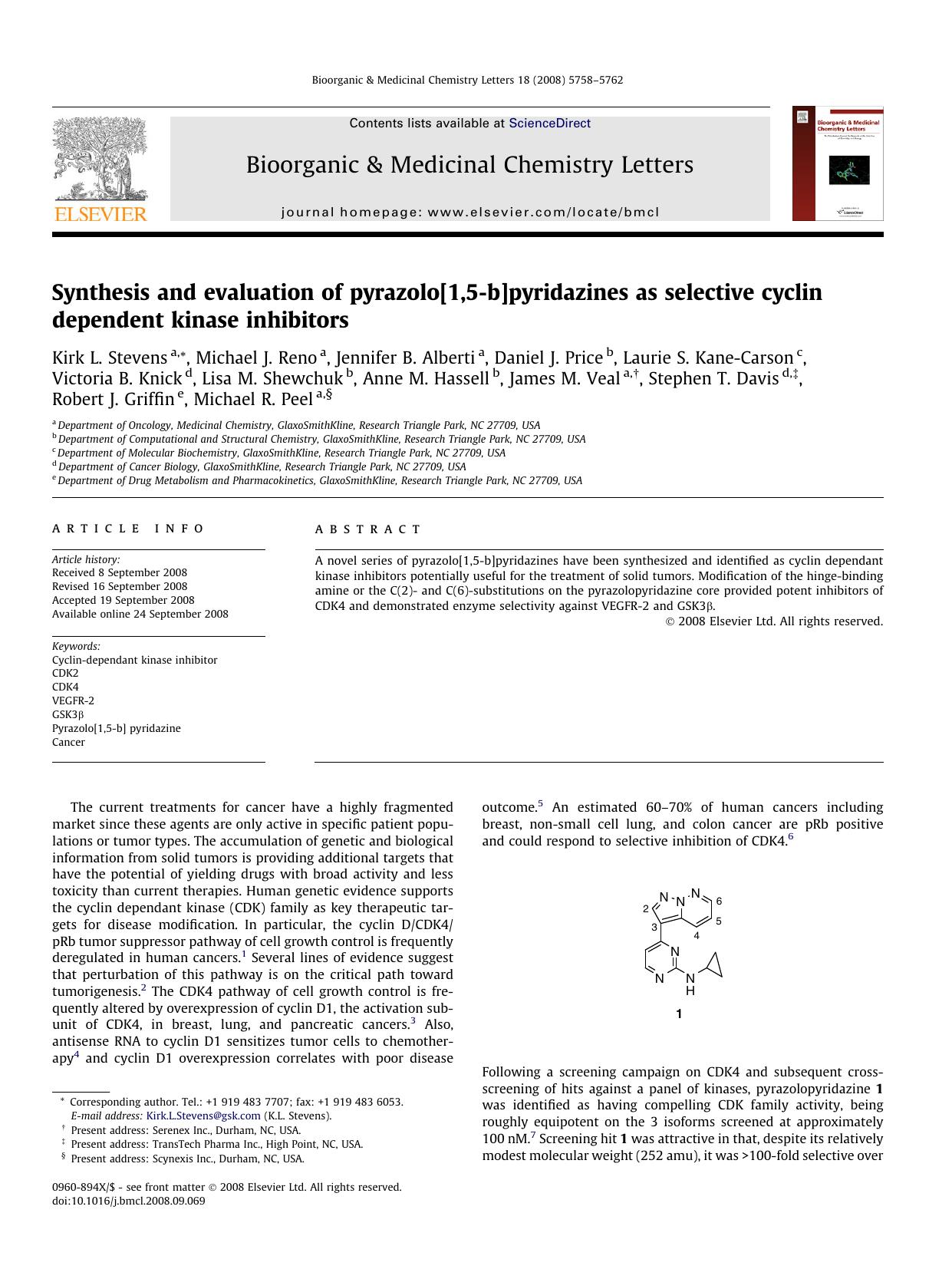 Synthesis and evaluation of pyrazolo[1,5-b]pyridazines as selective cyclin dependent kinase inhibitors by unknow