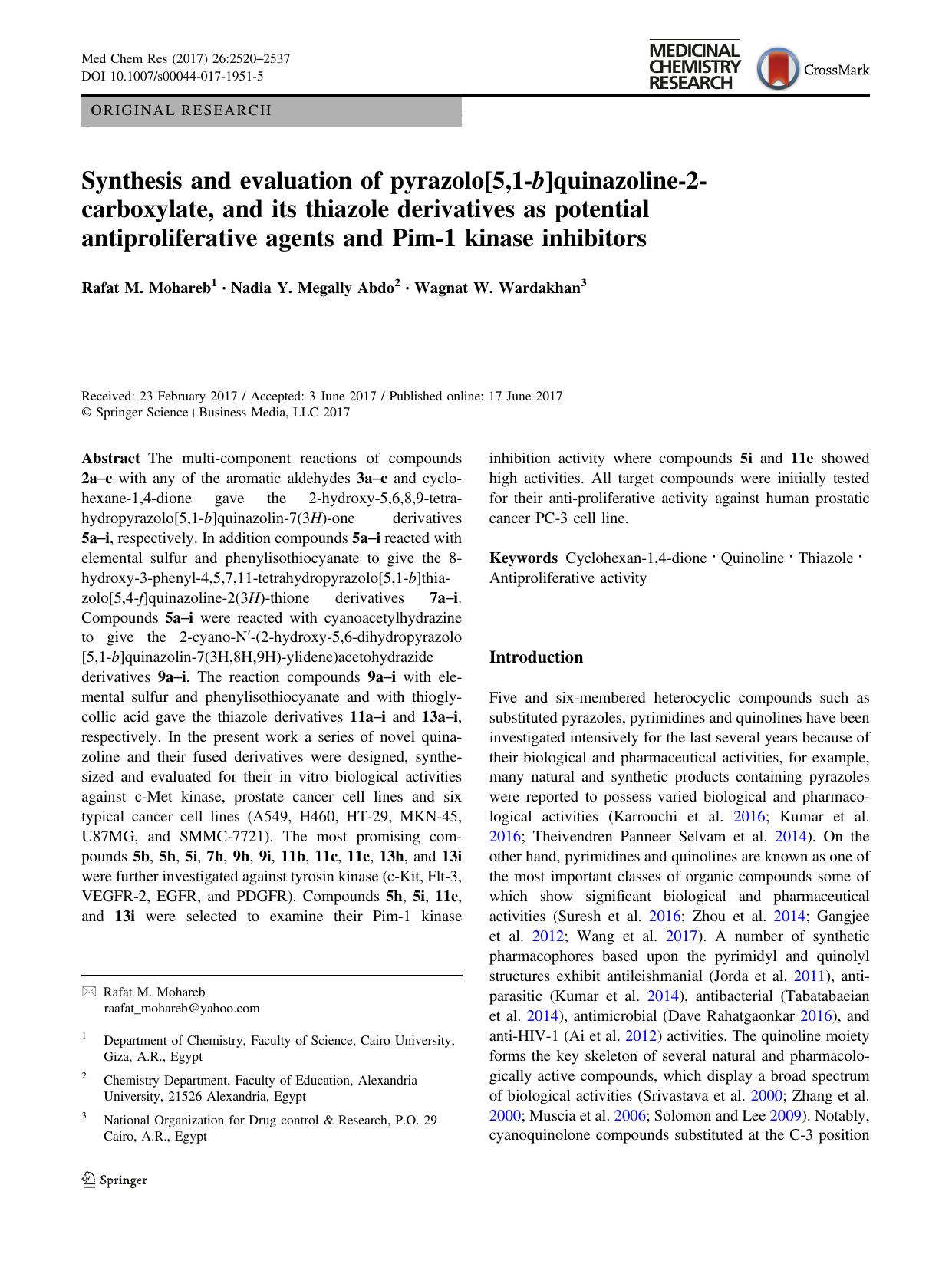 Synthesis and evaluation of pyrazolo[5,1-b]quinazoline-2-carboxylate, and its thiazole derivatives as potential antiproliferative agents and Pim-1 kinase inhibitors by Rafat M. Mohareb & Nadia Y. Megally Abdo & Wagnat W. Wardakhan