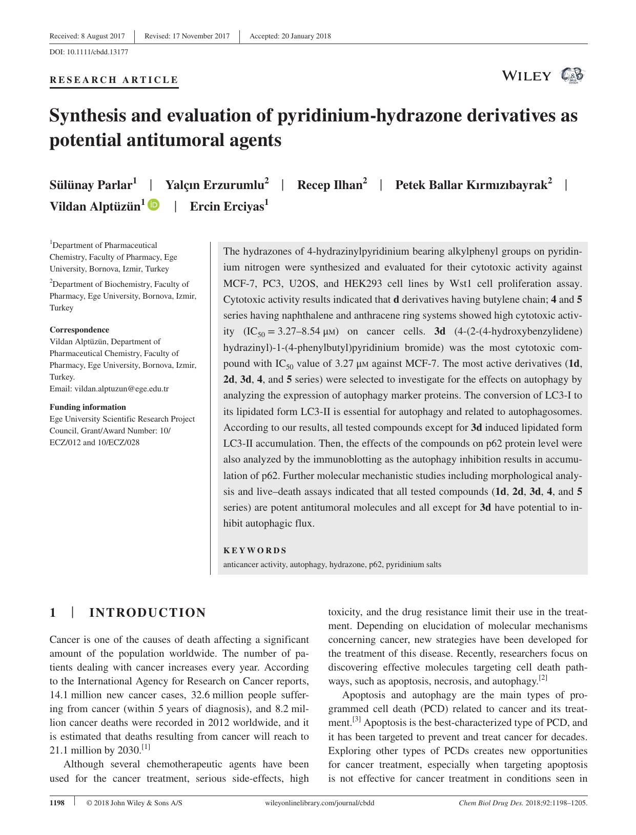 Synthesis and evaluation of pyridinium‐hydrazone derivatives as potential antitumoral agents by unknow
