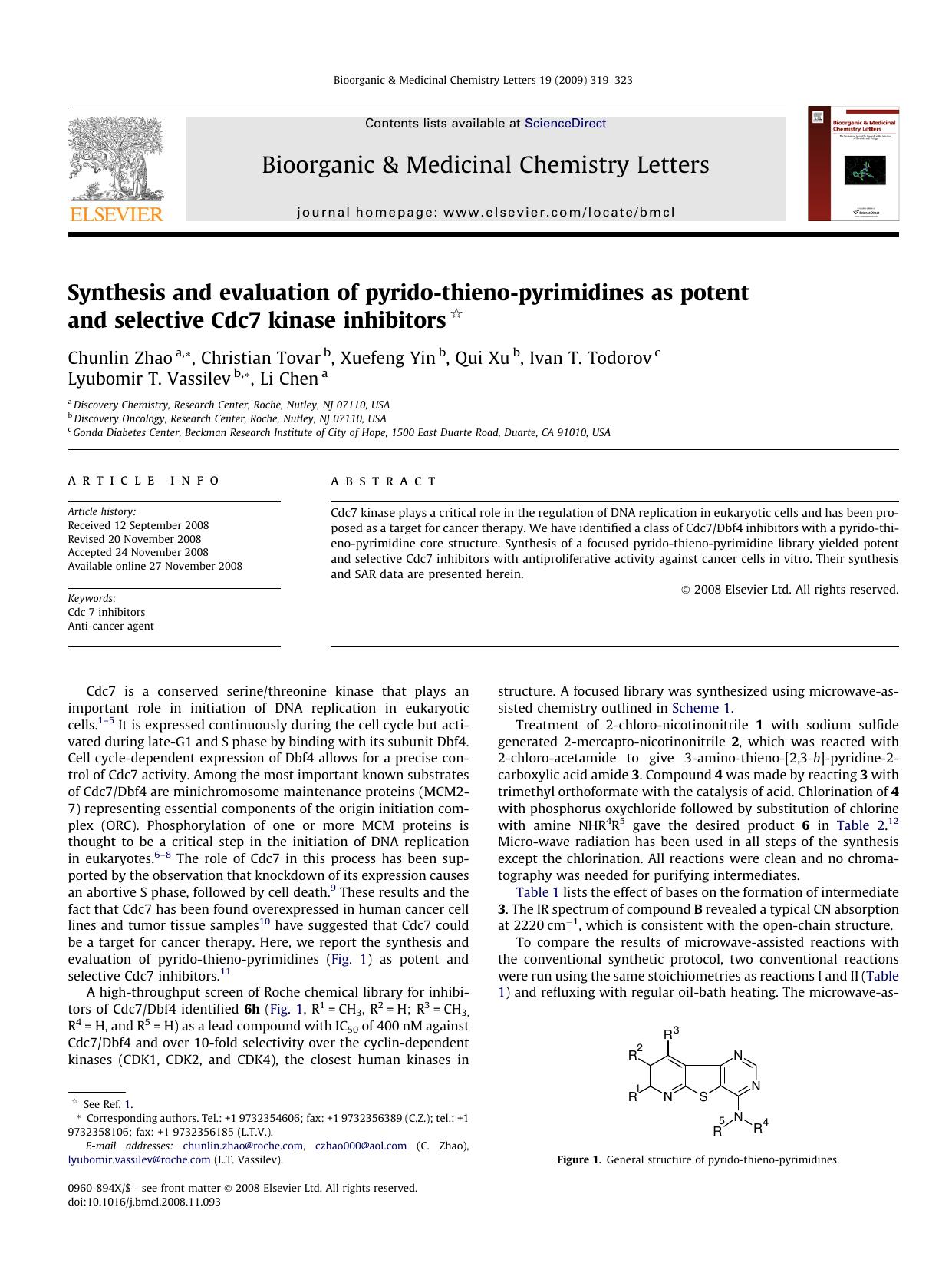 Synthesis and evaluation of pyrido-thieno-pyrimidines as potent and selective Cdc7 kinase inhibitors by Chunlin Zhao; Christian Tovar; Xuefeng Yin; Qui Xu; Ivan T. Todorov; Lyubomir T. Vassilev; Li Chen