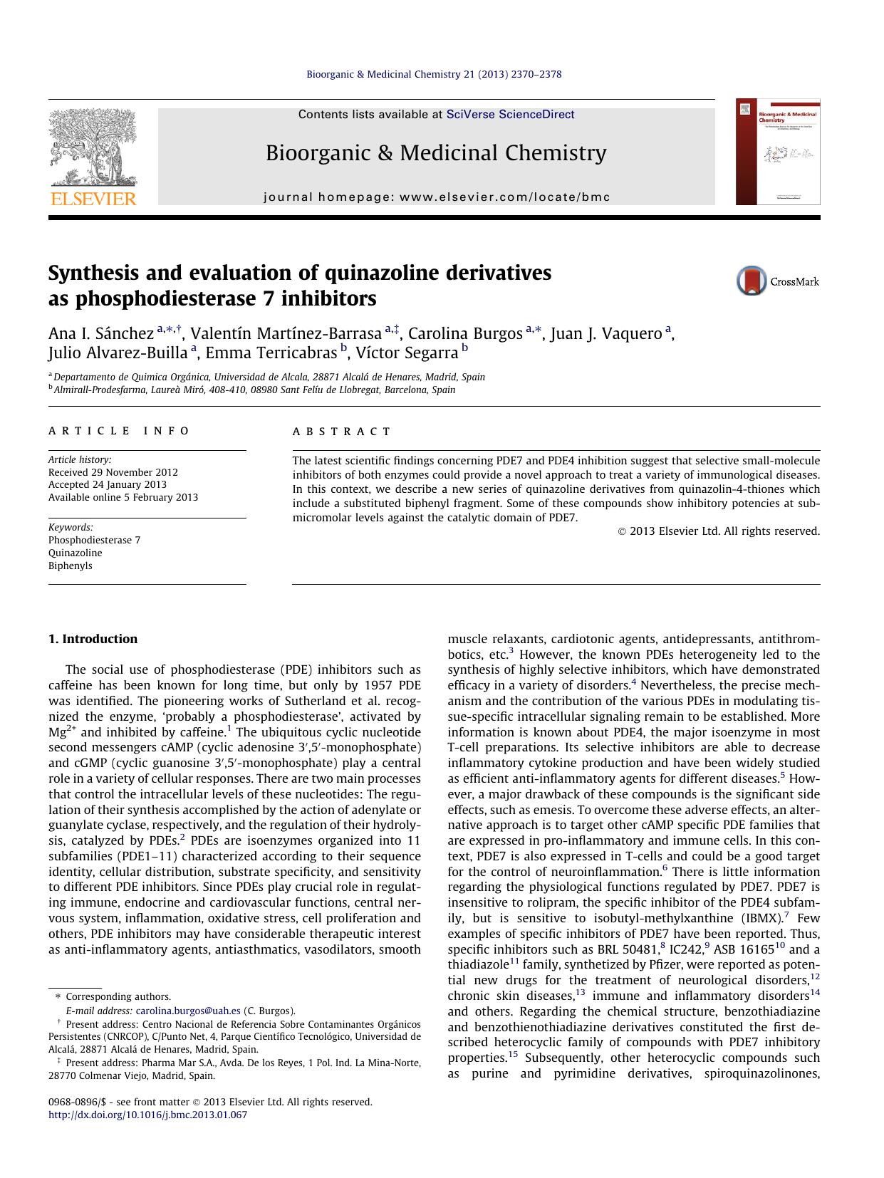 Synthesis and evaluation of quinazoline derivatives as phosphodiesterase 7 inhibitors by unknow