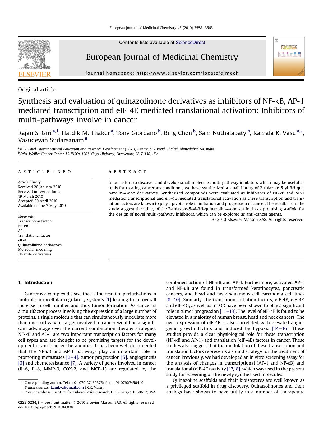 Synthesis and evaluation of quinazolinone derivatives as inhibitors of NF-&kappa;B, AP-1 mediated transcription and eIF-4E mediated translational activation: Inhibitors of multi-pa by unknow