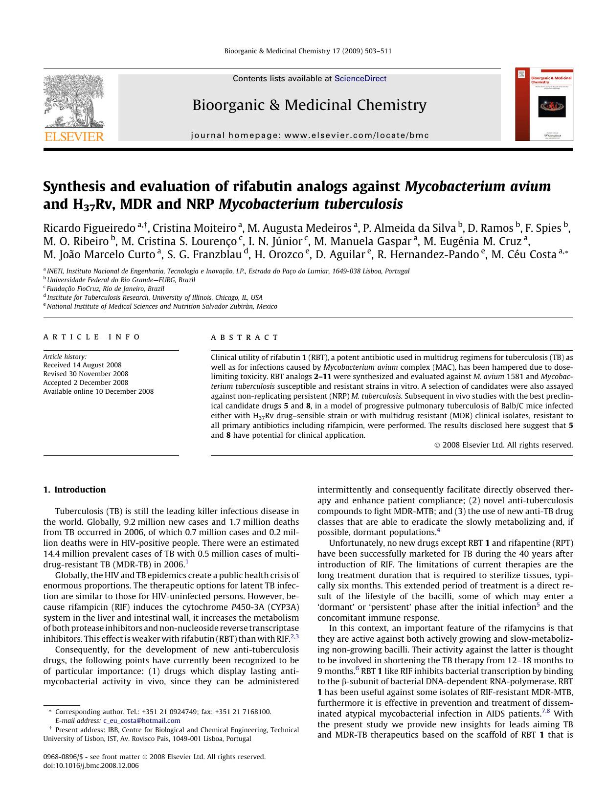 Synthesis and evaluation of rifabutin analogs against Mycobacterium avium and H37Rv, MDR and NRP Mycobacterium tuberculosis by unknow