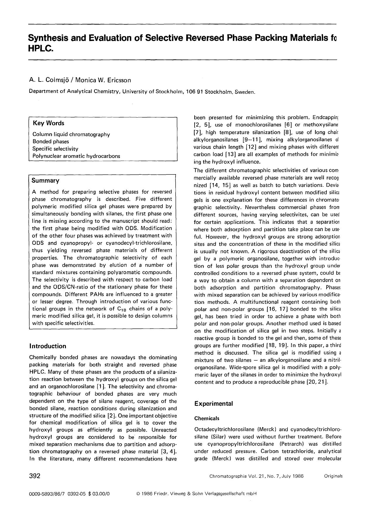 Synthesis and evaluation of selective reversed phase packing materials for HPLC by Unknown